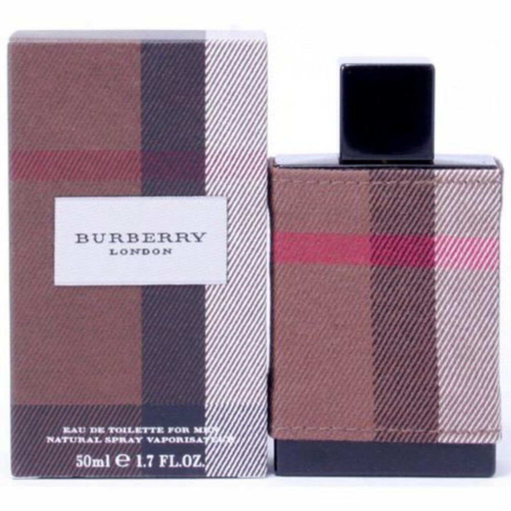 Burberry London for Men, Flakon und Verpackung. Braun kariertes Design. Aufschrift: Burberry London, Eau de Toilette, 50ml.