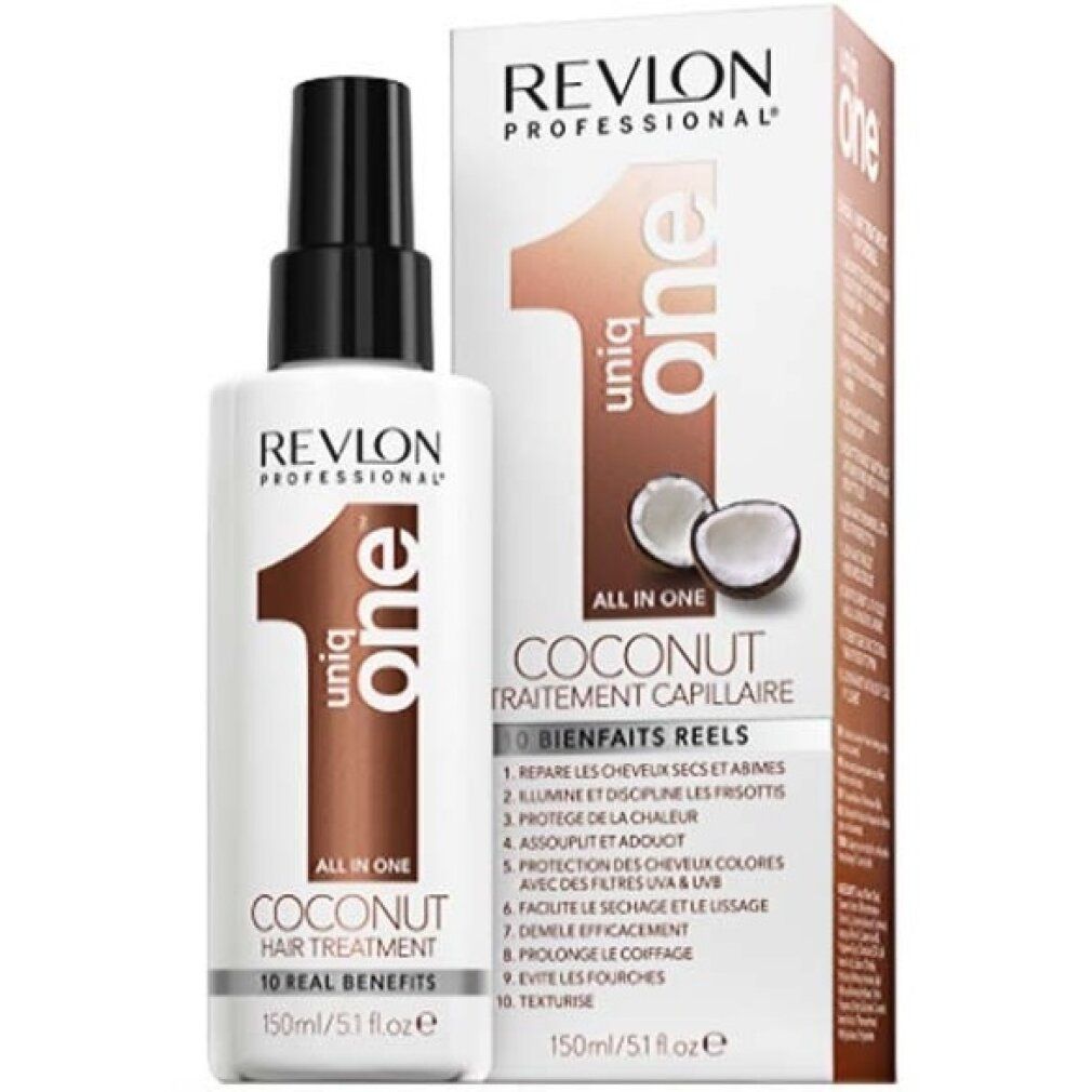 Revlon Professional Uniq One Coconut Haar-Treatment mit Verpackung. Weißes Fläschchen, schwarzer Sprühkopf. Text: "10 Real Benefits".