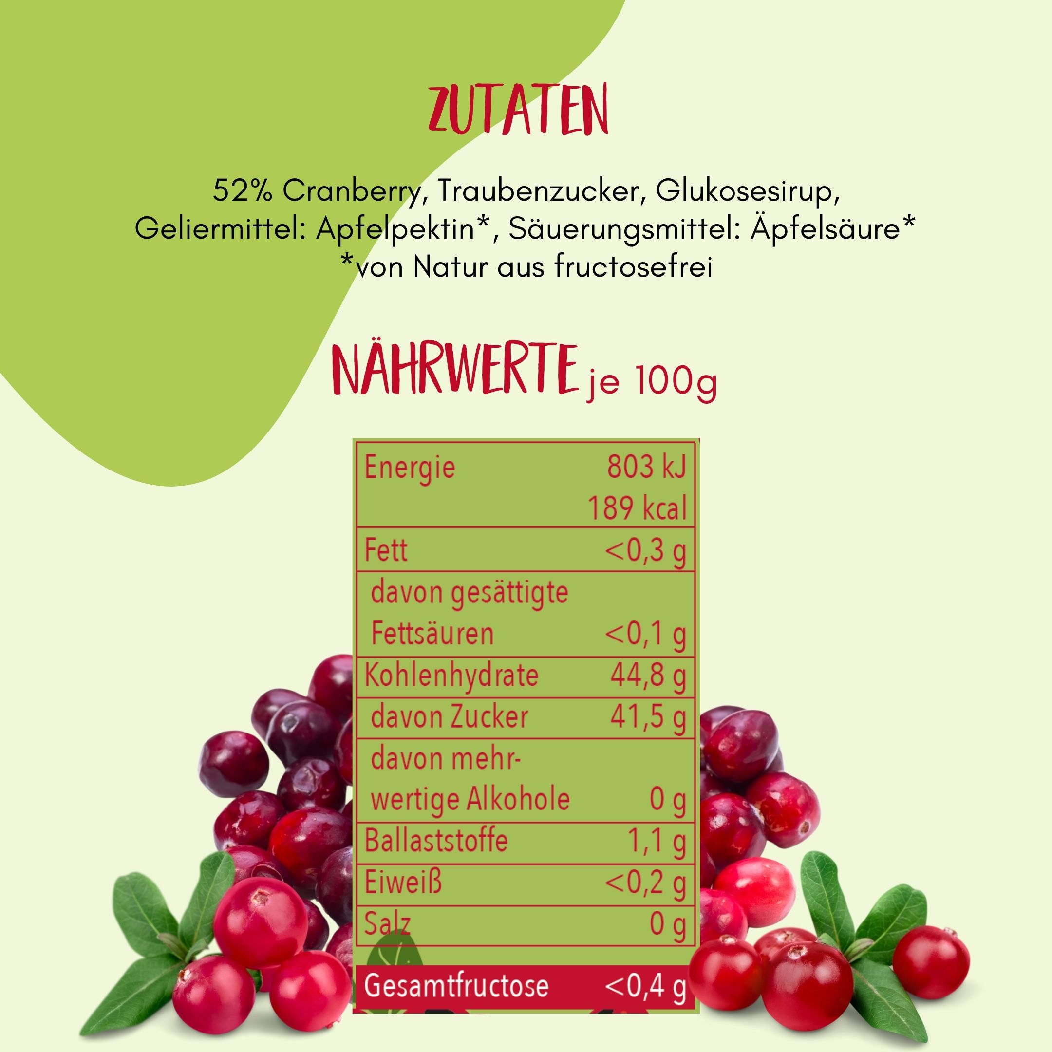 Nährwerttabelle für FRUNIX® Cranberry-Fruchtaufstrich. Text: 52% Cranberry, Traubenzucker, Glukosesirup. Gesamtfrutose <0,4g.