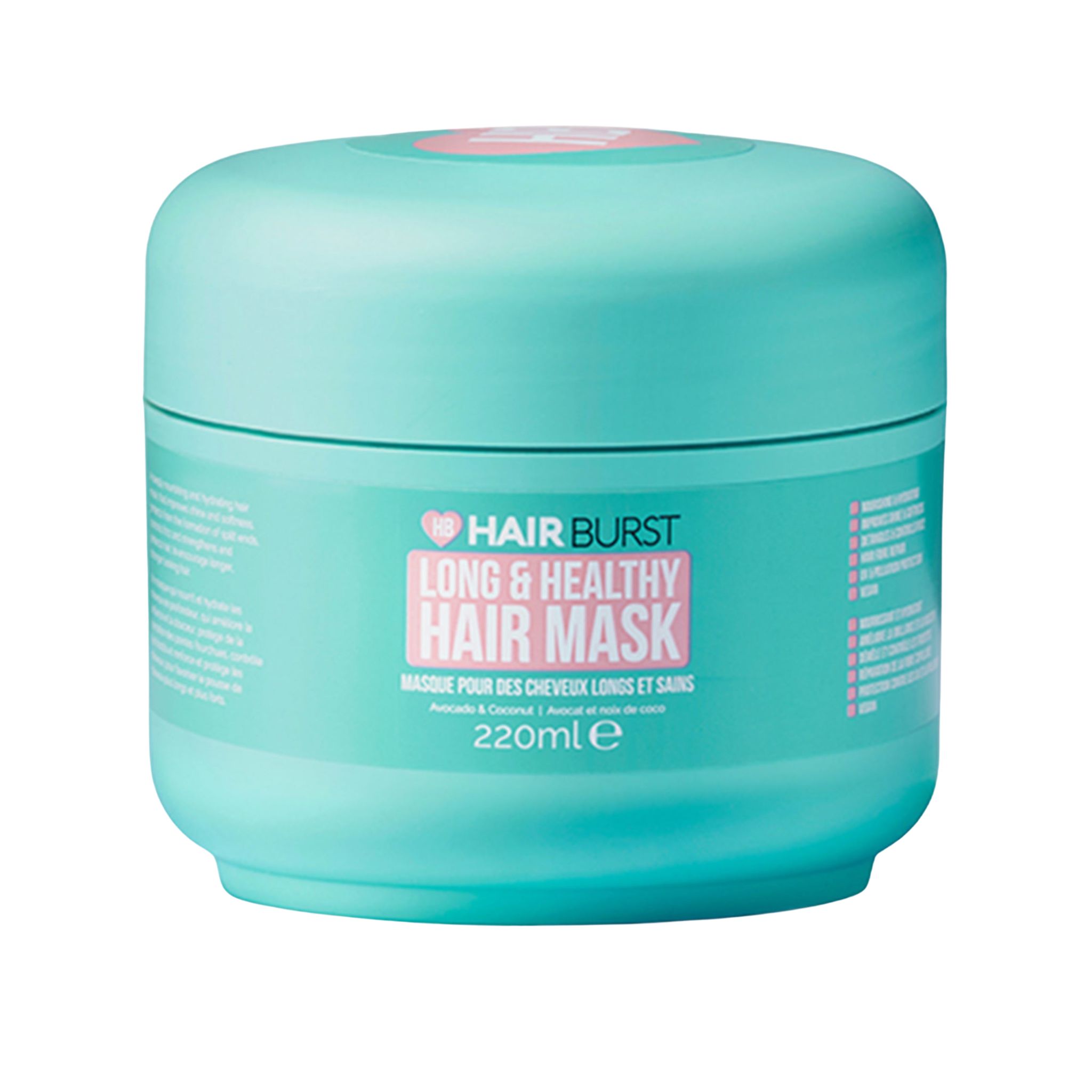 Türkisfarbene Dose mit Aufschrift Hairburst Long & Healthy Hair Mask. 220ml. Avocado & Kokosnuss. Deckel mit Schriftzug.