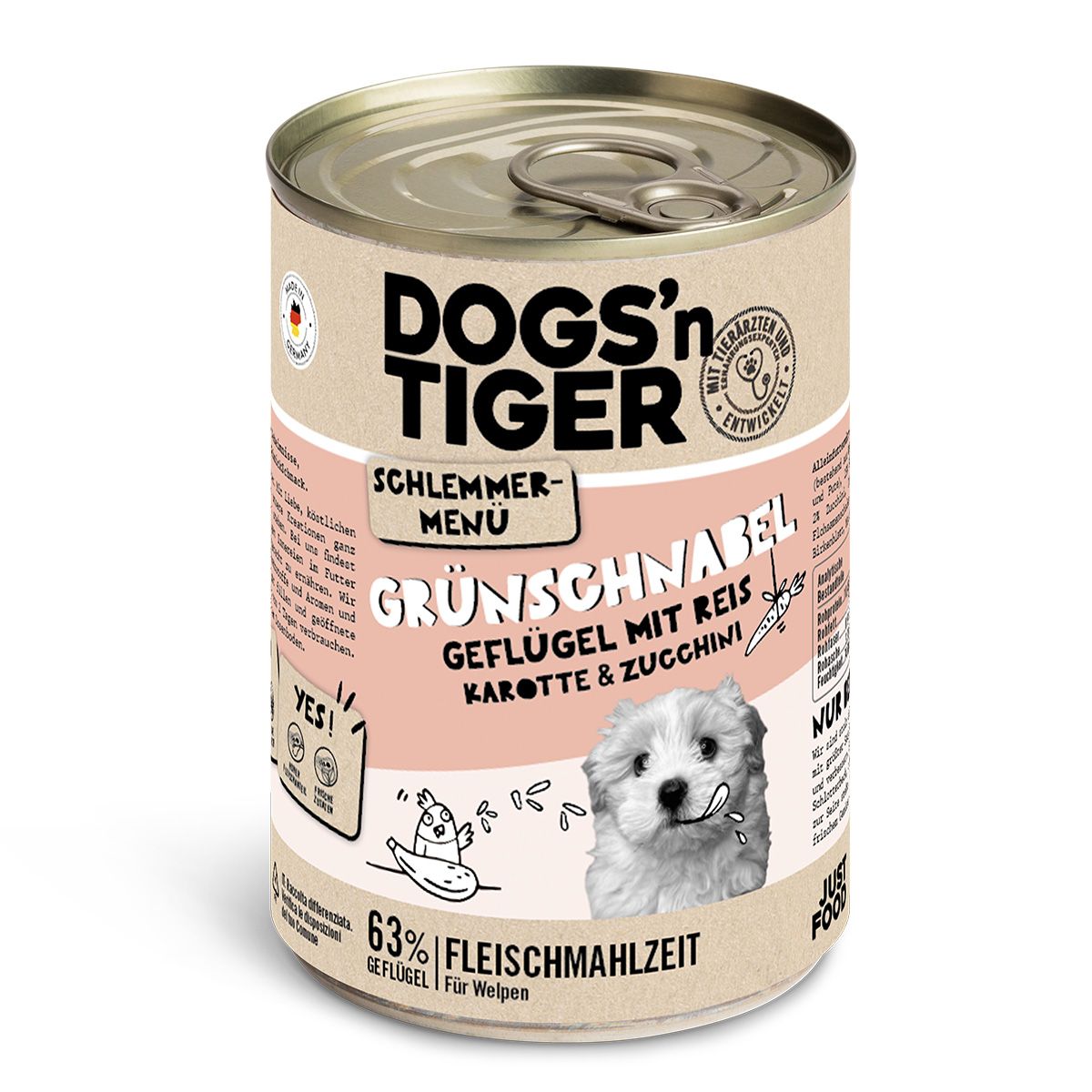 Hundefutter-Dose, 'Dogs'n Tiger', 'Grünschnabel', Geflügel mit Reis, Karotte & Zucchini. 63% Fleischmahlzeit. Für Welpen. Logo.