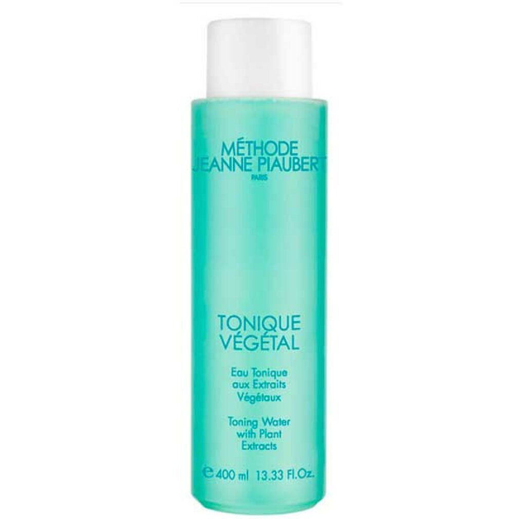Grüne Flasche mit weißem Deckel. Aufschrift: Tonique Végétal, Eau tonique aux extraits végétaux, Toning water with plant extracts. Marke: Jeanne Piaubert. Volumen: 400 ml.