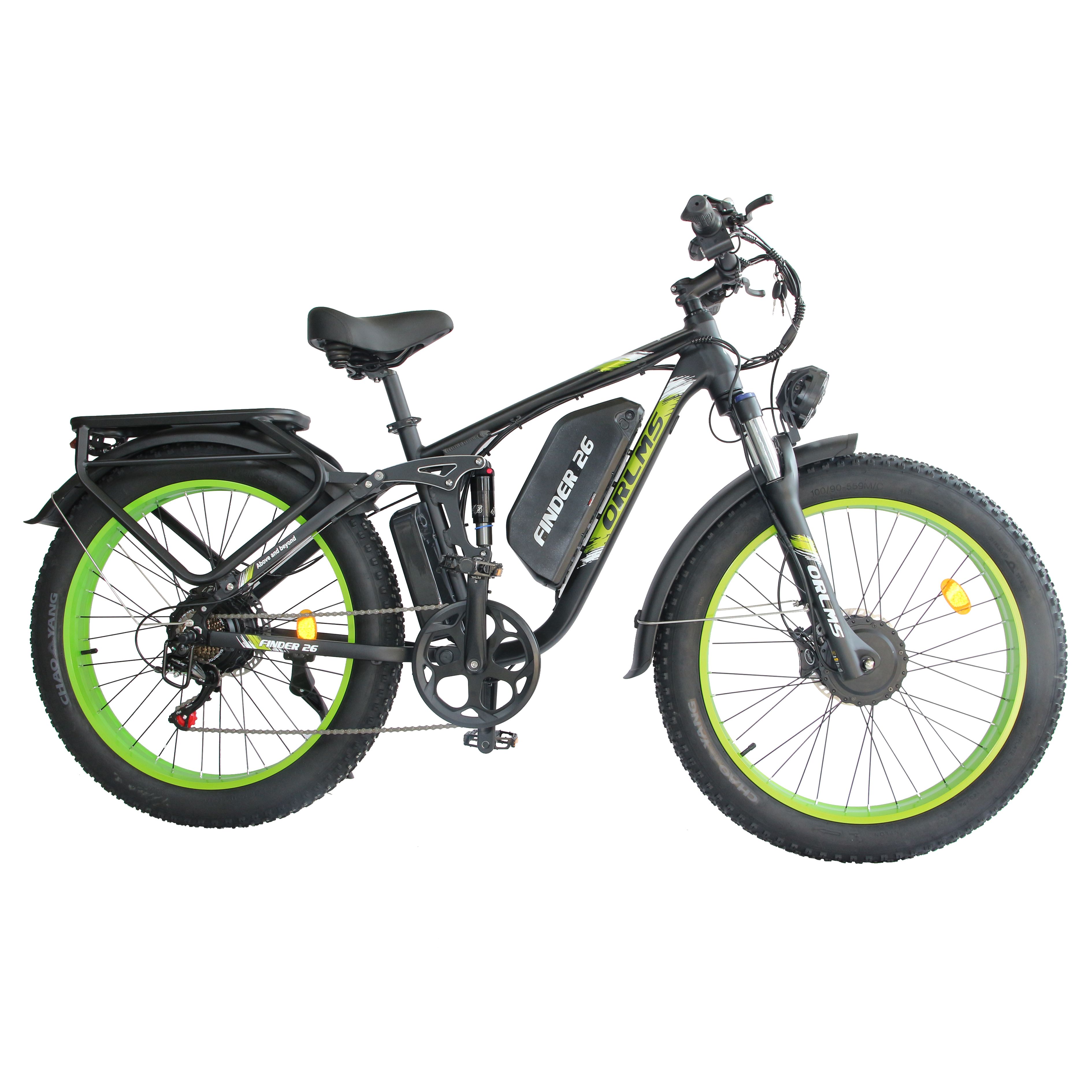 E-Mountainbike ORLMS Finder 26. Schwarz, grüne Felgen. Akku am Rahmen. Gepäckträger. Scheinwerfer.