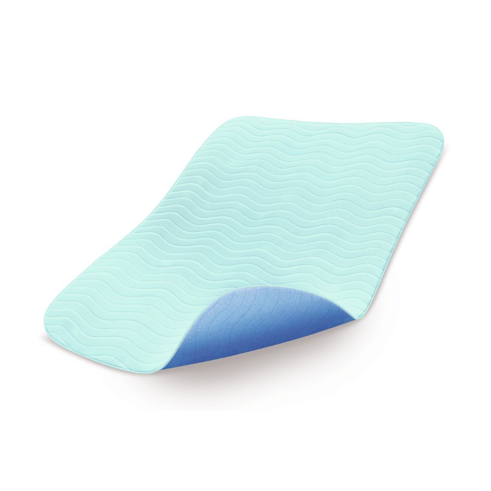 Hellblaues, rechteckiges Textil mit gewellter Oberfläche. Blaue Unterseite sichtbar. Liegt leicht schräg.