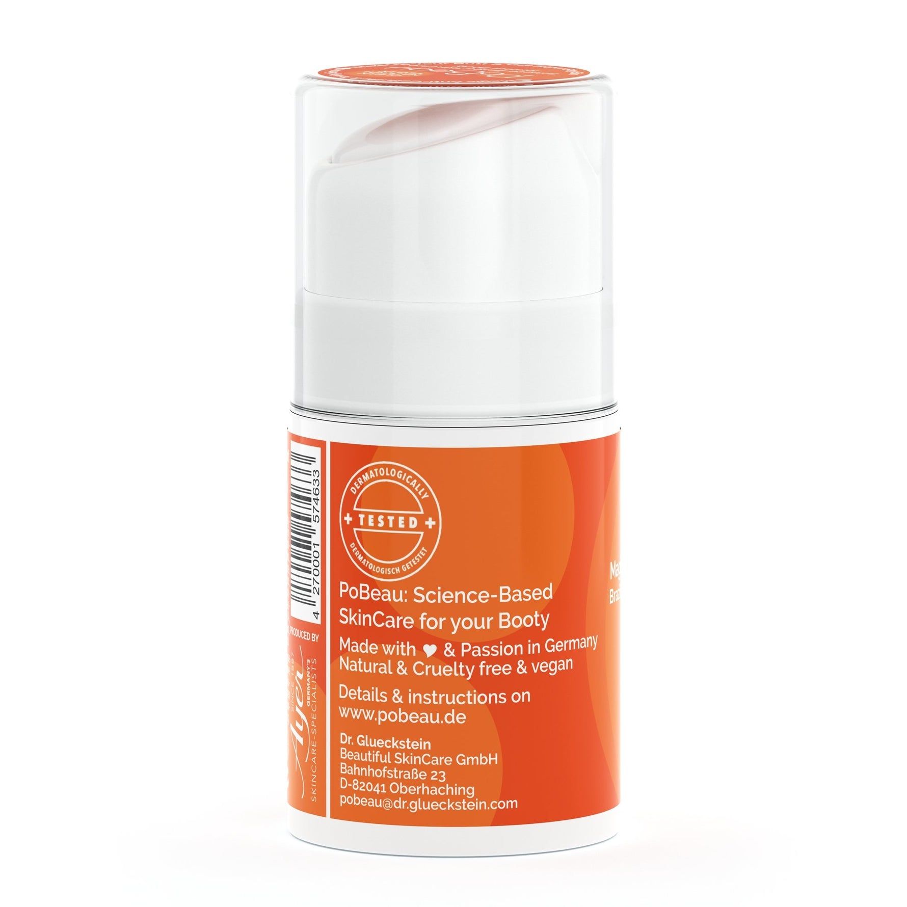 Rückansicht einer zylindrischen Flasche mit orangefarbenem Etikett. Text: PoBeau, Science-Based SkinCare. Weißer Pumpkopf.