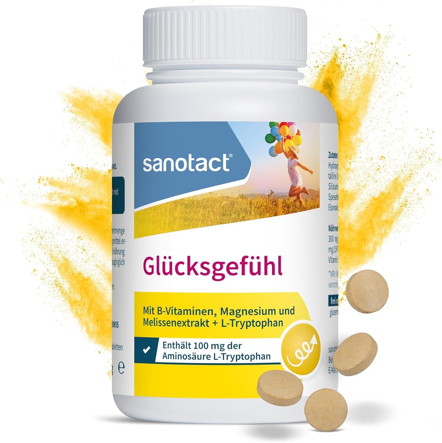 Weiße Flasche mit sanotact Glücksgefühl Tabletten. Aufschrift: Mit B-Vitaminen, Magnesium und Melissenextrakt + L-Tryptophan. Gelber Hintergrund.