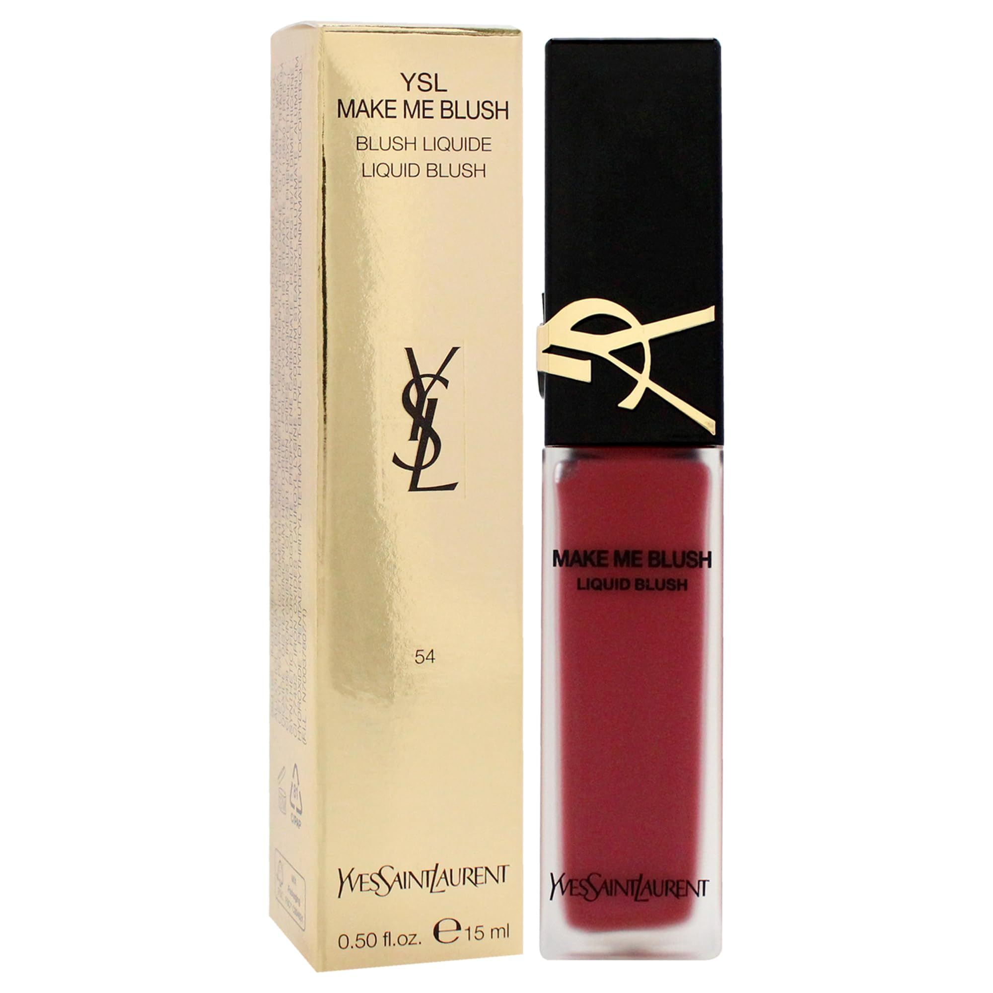Flüssiges Rouge mit Verpackung. Rechteckige Glasflasche mit schwarzem Deckel und goldfarbenem Logo. Goldfarbene Verpackung.