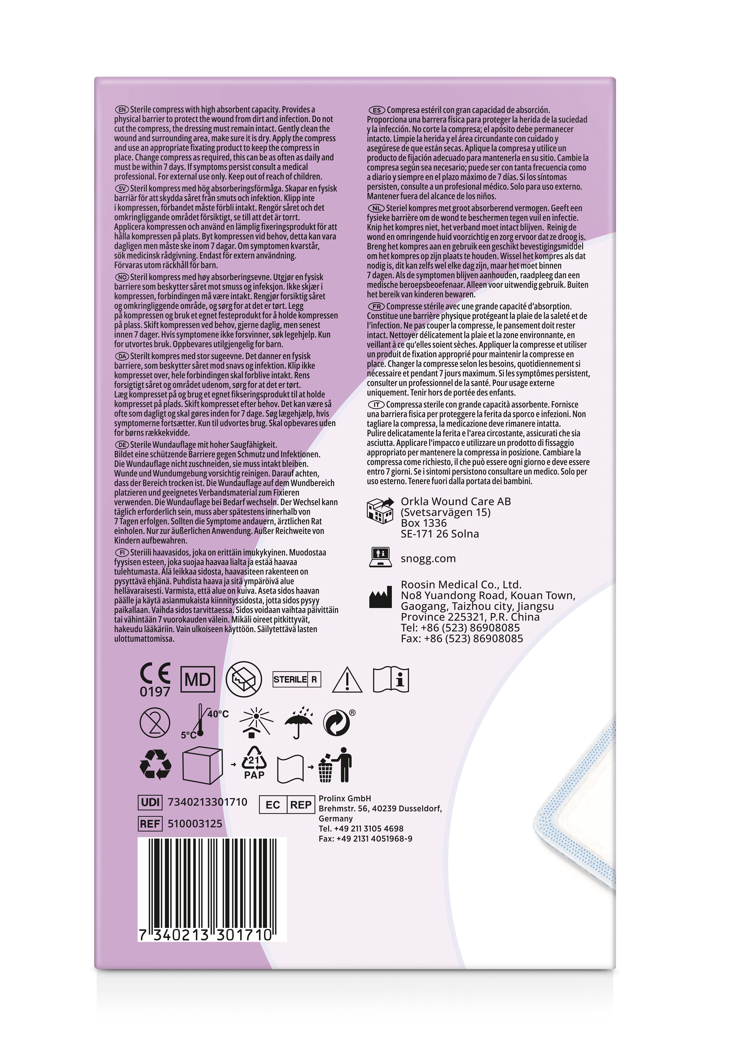 Rückseite der Snögg Superabsorbent Compress Verpackung. Text in mehreren Sprachen, Produktinformationen, Zertifizierungen und Herstellerdetails.