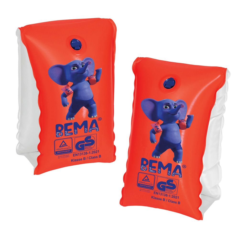 Zwei orangefarbene Schwimmflügel mit blauem Elefanten-Motiv. BEMA-Logo und GS-Zeichen. EN13138-1:2021.