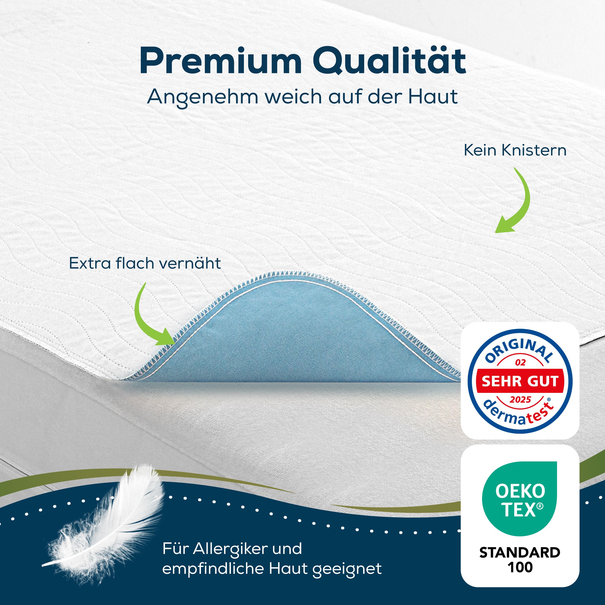 Inkontinenz-Bettunterlage. Weich, kein Knistern. Oeko-Tex-Zertifizierung. Dermatest-Siegel. Für Allergiker geeignet.