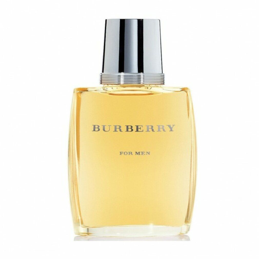 Burberry For Men Eau de Toilette Flakon. Rechteckige Form mit silbernem Verschluss. Text: Burberry, For Men.