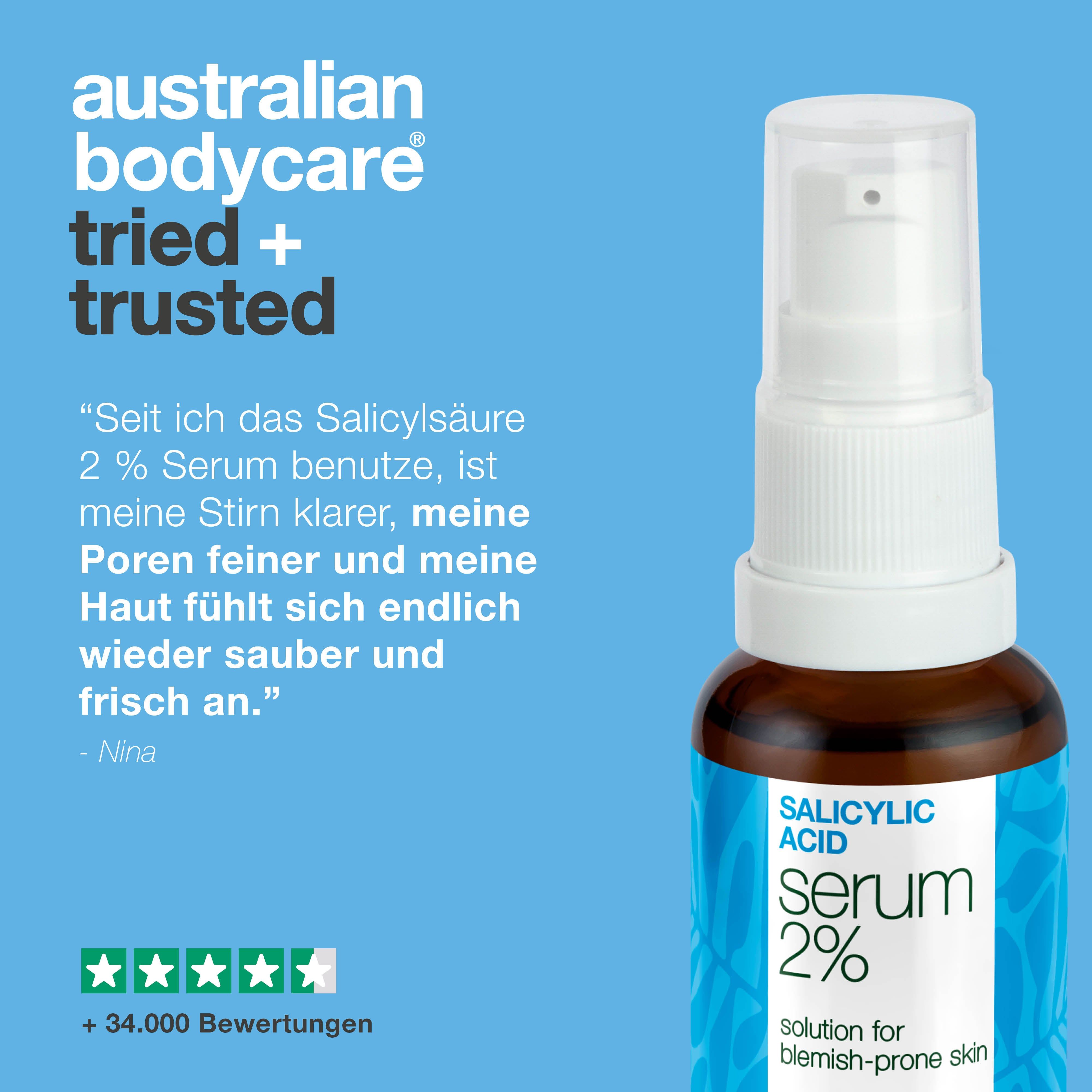 Flasche mit Serum, Text: Salicylic Acid Serum 2%, australian bodycare. Text: Getestet und bewährt.