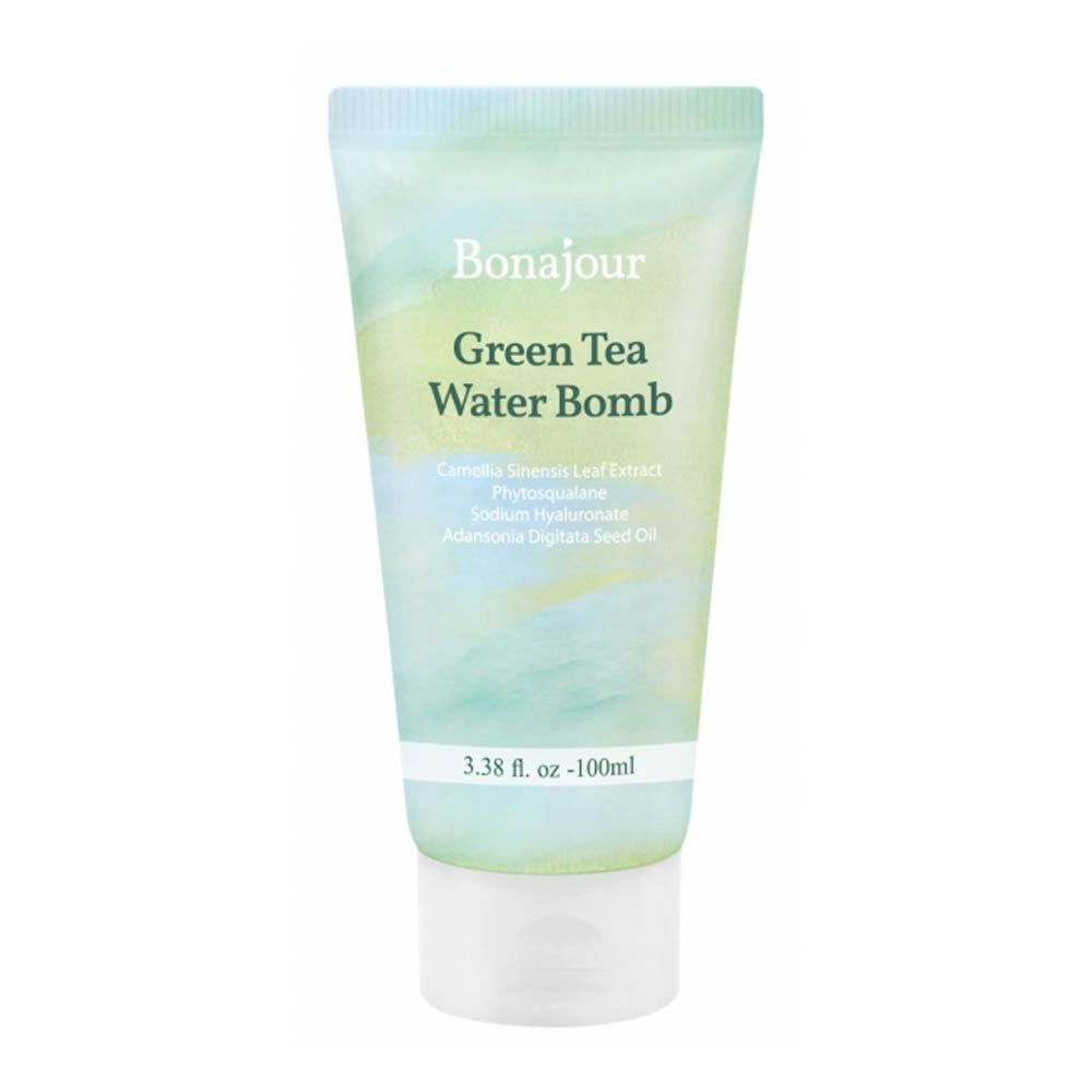 Grüne Tube mit Produktaufschrift Bonajour Green Tea Water Bomb. Enthält Inhaltsstoffe wie Camellia Sinensis Leaf Extract.