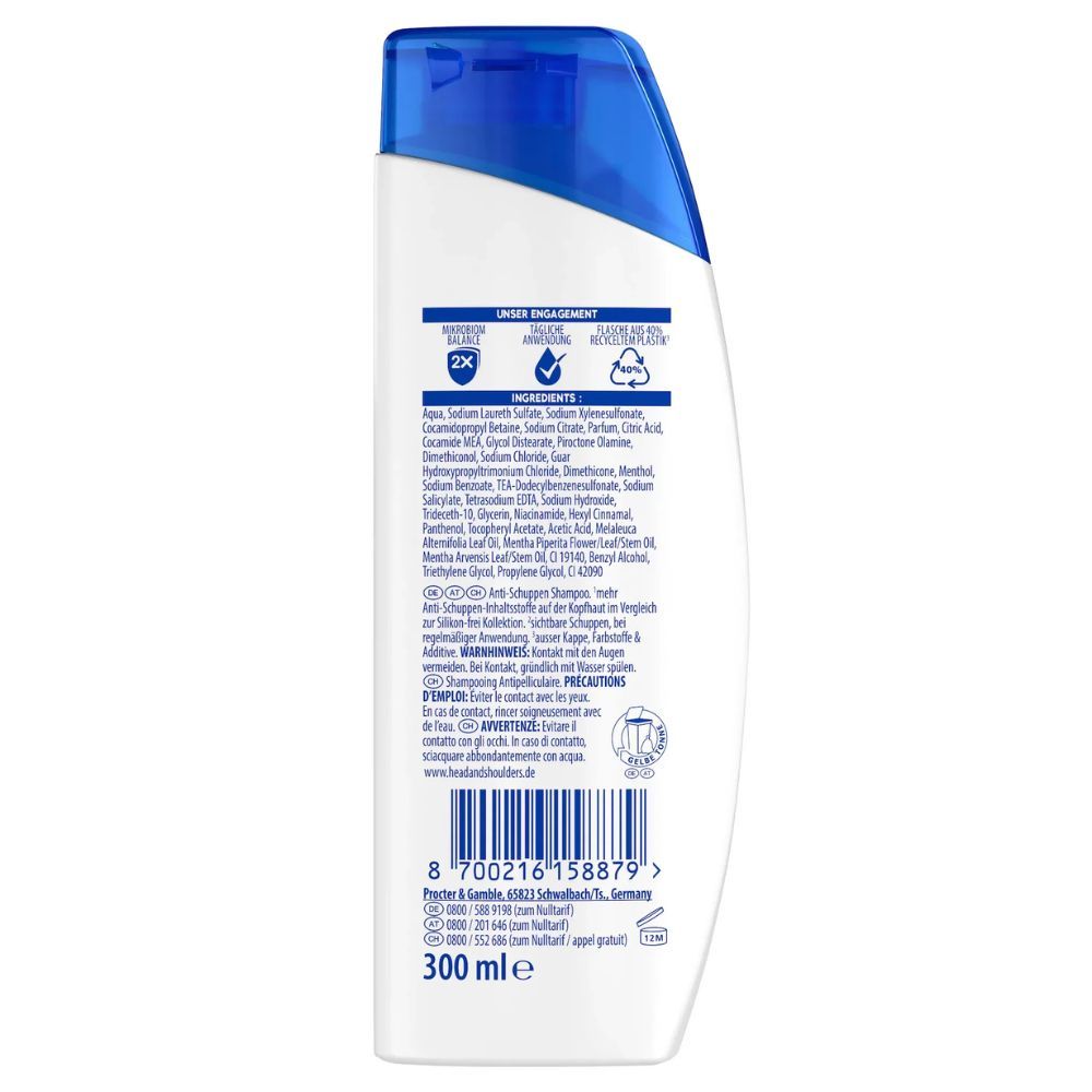 Rückseite der Shampoo-Flasche. Inhaltsstoffe, Recycling-Symbol, Herstellerinformationen, 300 ml.