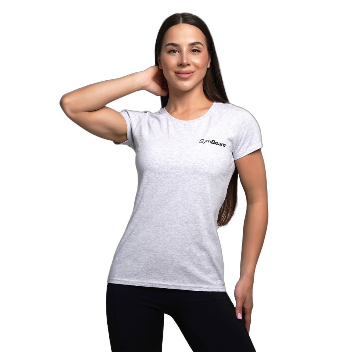 Damen T-Shirt in Heather Grey mit rundem Ausschnitt und kurzem Arm. Dezentes GymBeam Logo auf der Brust.