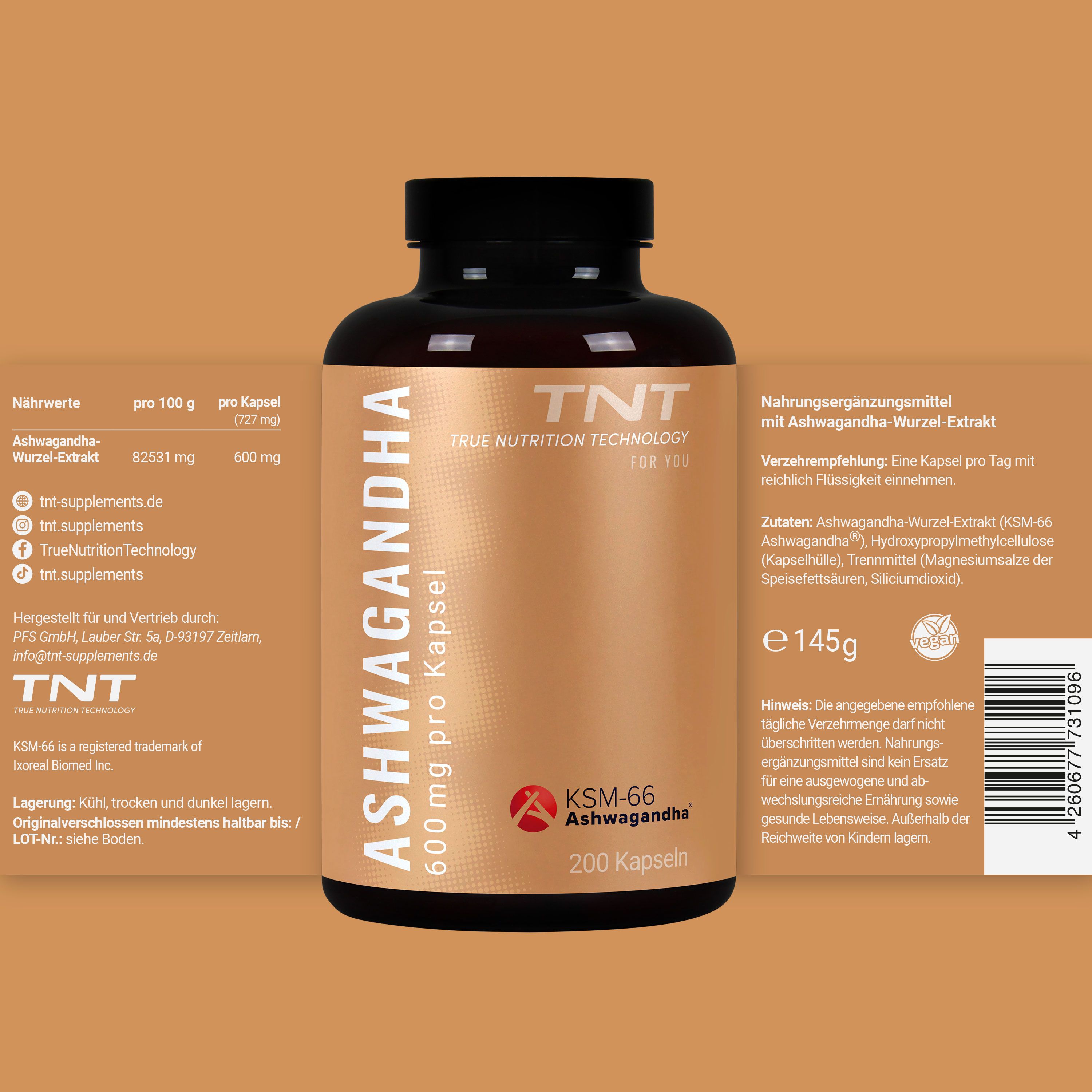 Braune Flasche TNT Ashwagandha KSM-66® mit Etikett. Aufschrift: 600 mg pro Kapsel, 200 Kapseln. Zusätzliche Informationen auf Etikett.