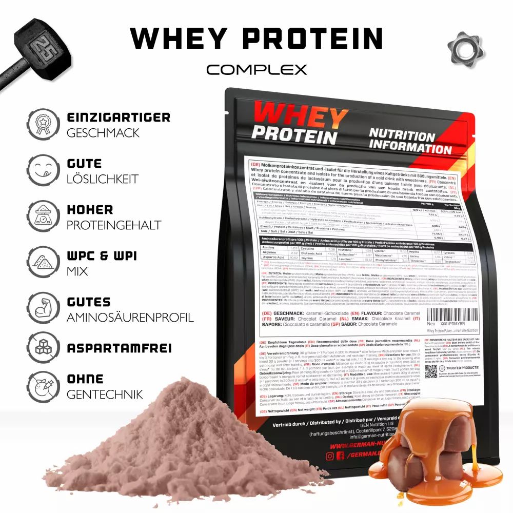 Schwarze Verpackung von Whey Protein Komplex. Enthält Produkt, Pulverhaufen und Karamell-Dessert. Text: einzigartiger Geschmack, gute Löslichkeit, hoher Proteingehalt.