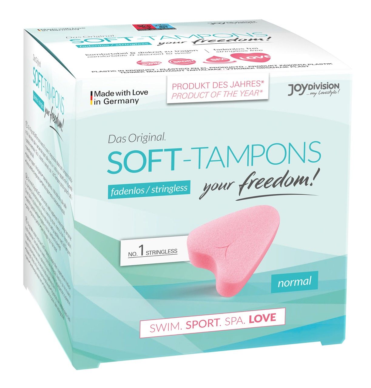 Verpackung mit rosa, herzförmigem Soft-Tampon. Aufschrift: SOFT-TAMPONS, fadenlos, normal. Produkt des Jahres. Made in Germany.