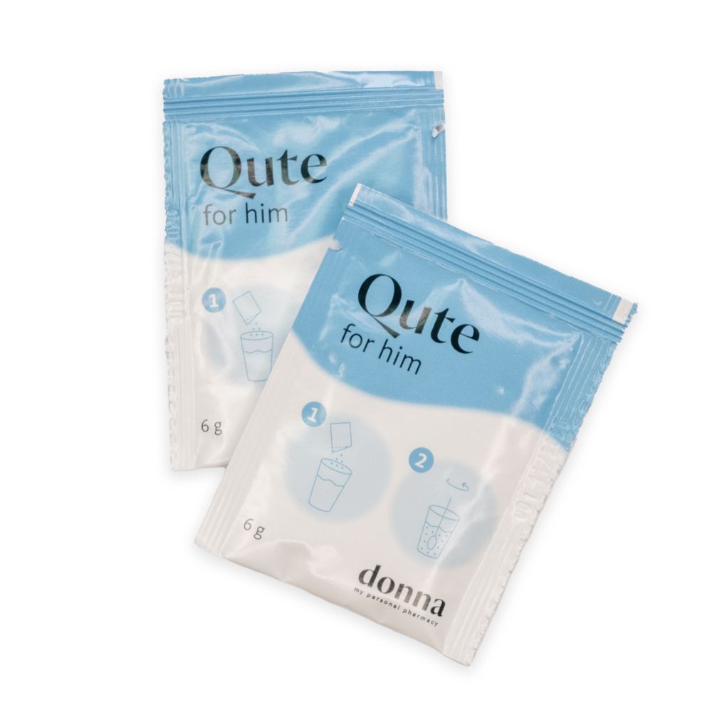 Zwei blaue Beutel mit Produktnamen und Logo. Aufschrift: Qute for him, donna. 6g.