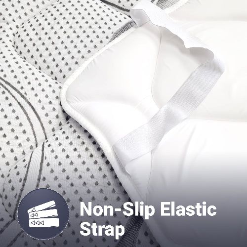Nahaufnahme eines Matratzenbezugs mit 'Non-Slip Elastic Strap'-Symbol.
