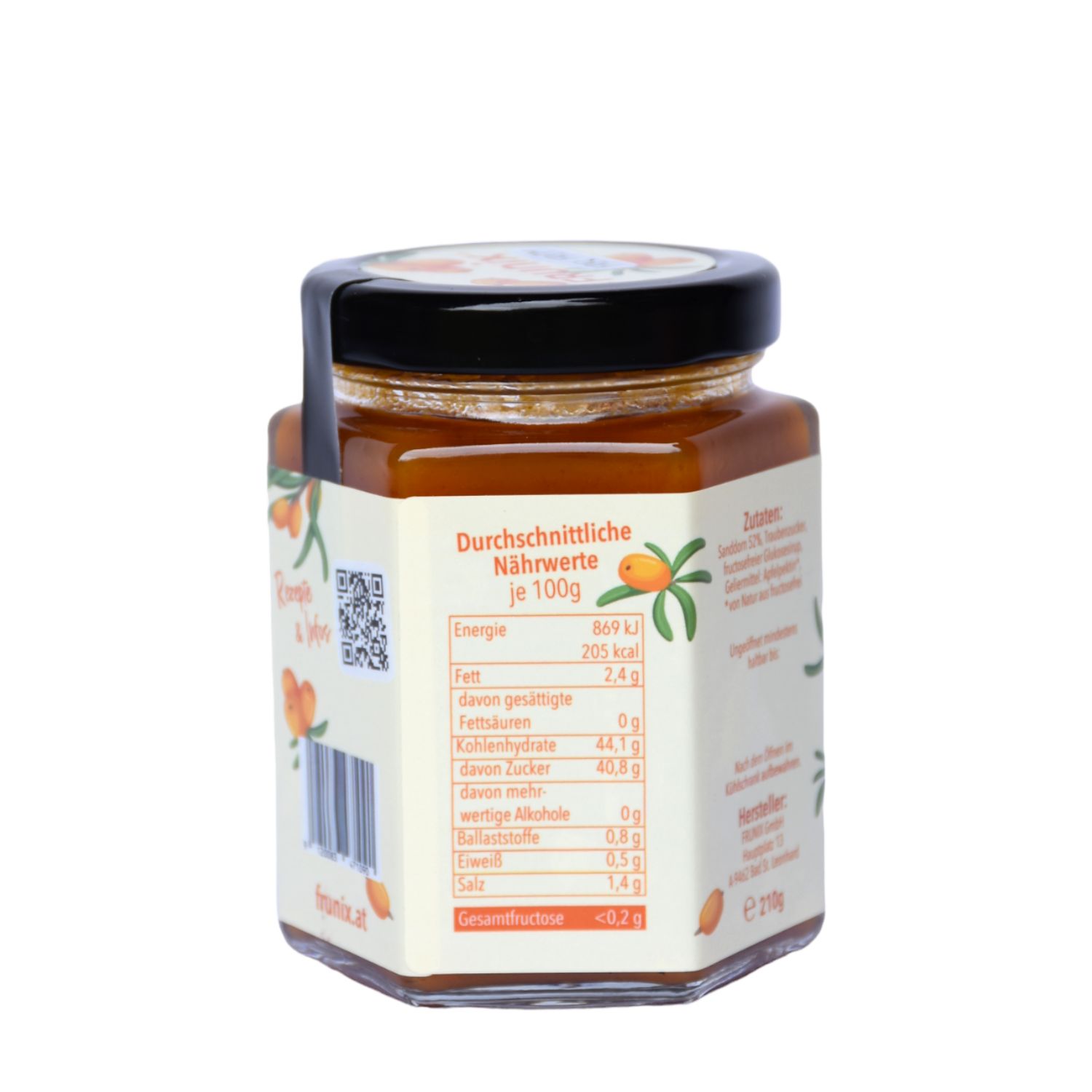 Glas mit Sanddorn-Fruchtaufstrich. Rückseite mit Nährwertangaben. Aufschrift: FRUNIX, Rezepte & Infos. Etikett mit Nährwerttabelle.