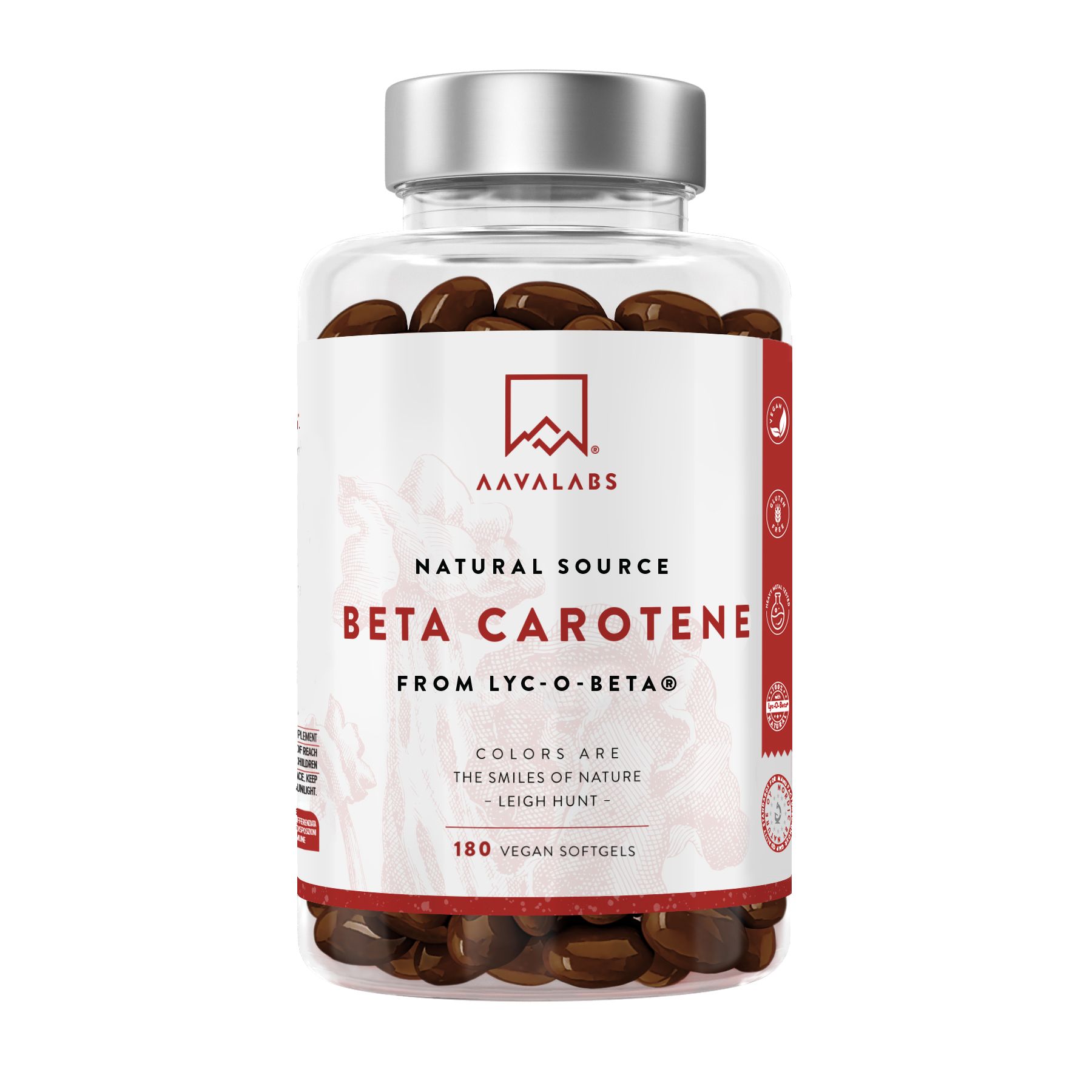 Kapseln in einer transparenten Flasche mit silbernem Deckel. Aufschrift: AAVALABS, Beta Carotin, 180 vegane Softgels.