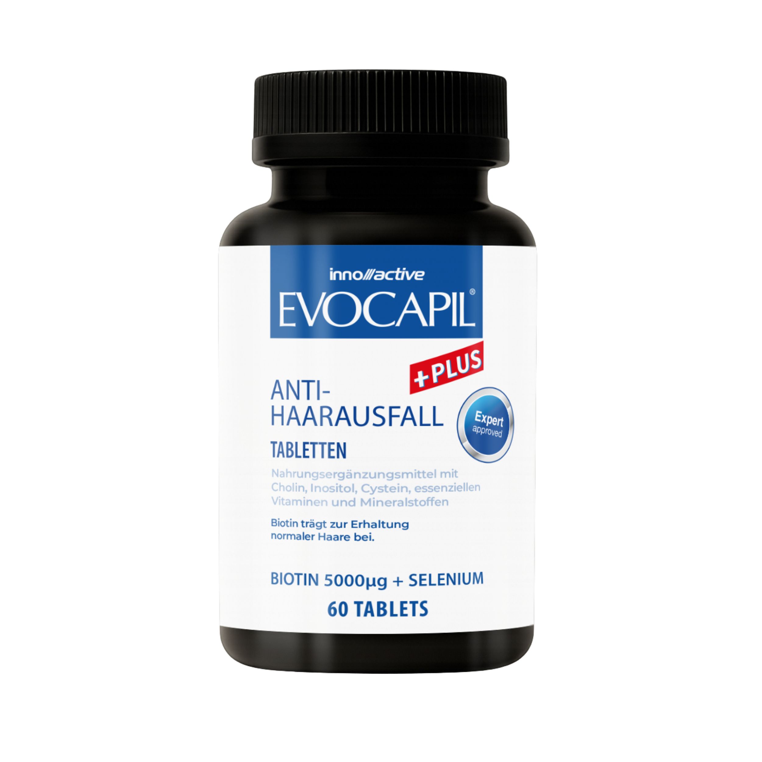 Evocapil Plus Tabletten. Schwarze Dose mit weißem Etikett. Enthält 60 Tabletten. Biotin 5000µg + Selen. Anti-Haarausfall.