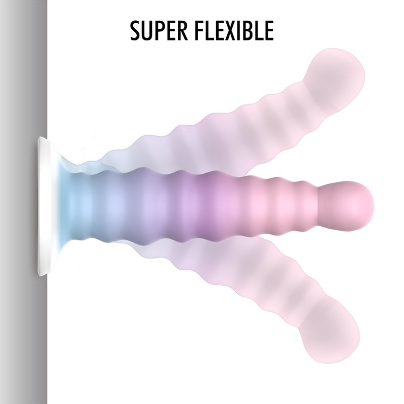 Dildo mit Wellenmuster, in drei Positionen gezeigt. Flexibles Material, breiter Sockel.