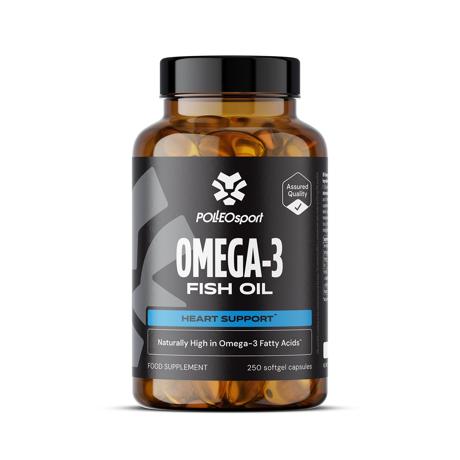 Braune Flasche mit Omega-3 Kapseln. Schwarzes Etikett mit weißer Schrift. "PolleoSport" und "Omega-3 Fish Oil" deutlich sichtbar. "250 softgel capsules".