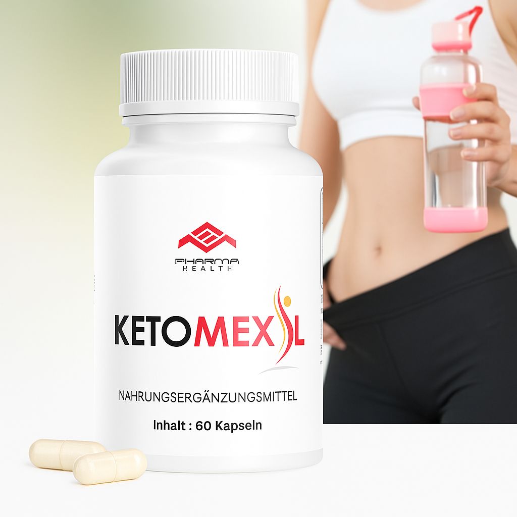 Weiße Flasche mit Kapseln und Frau mit Wasserflasche. Aufschrift: Pharma Health, Ketomexil, Nahrungsergänzungsmittel, Inhalt: 60 Kapseln.