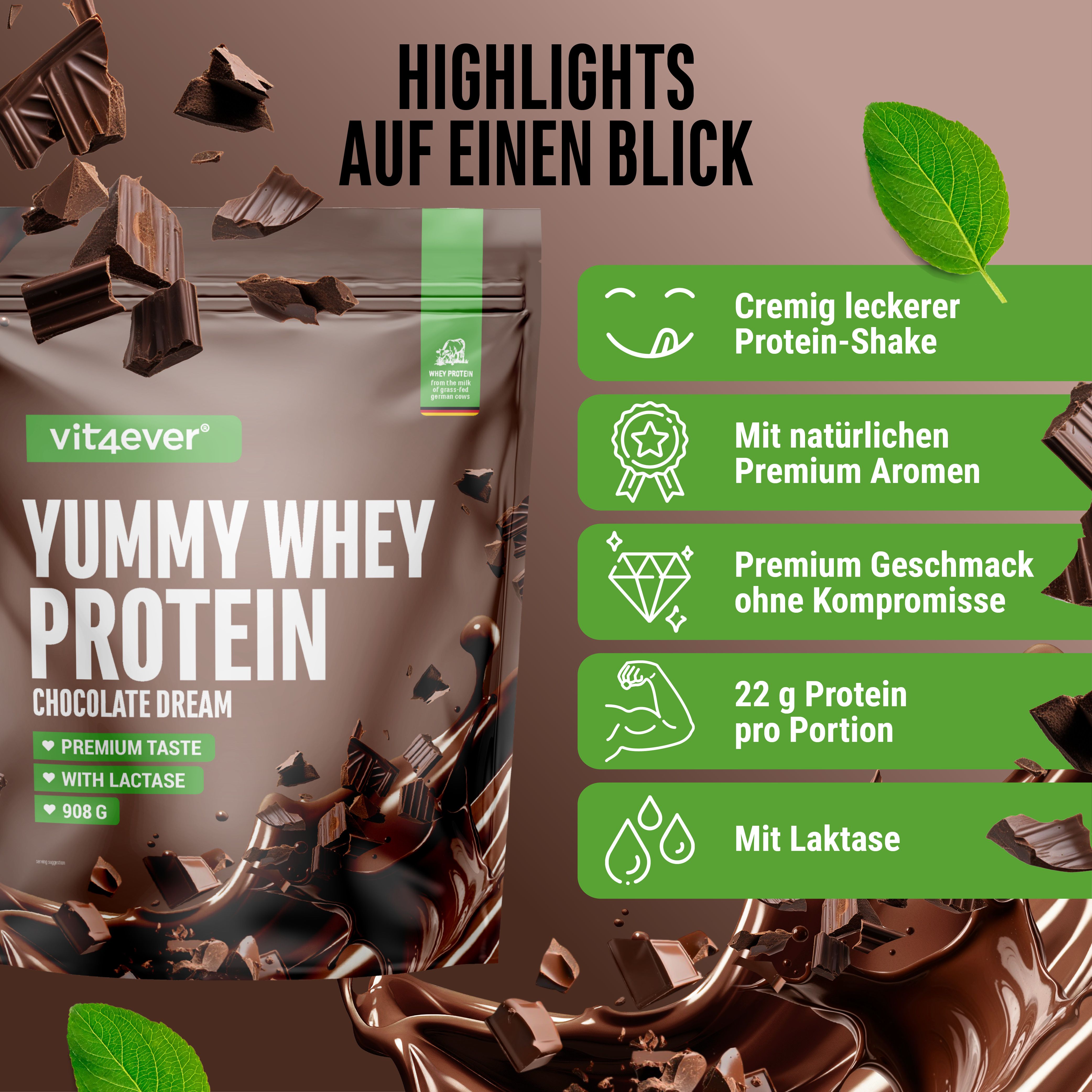 Produktverpackung "vit4ever Yummy Whey Protein". Text: "Chocolate Dream". Zusätzliche Informationen in grünen Kreisen.