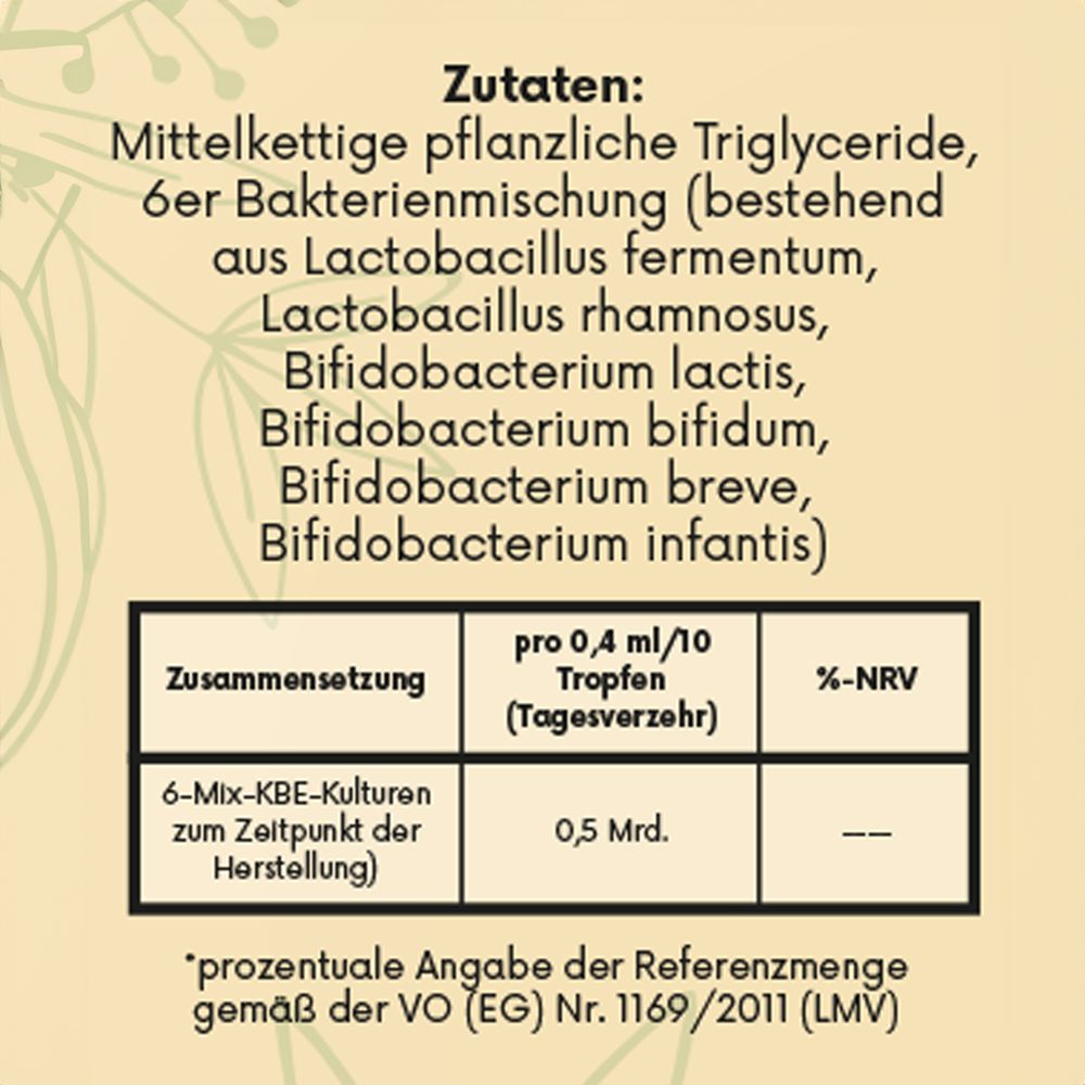 Text mit Zutaten und Zusammensetzung von BONAVAL Lacti & Bacti. Enthält 6 Bakterienkulturen. Nährwertangaben pro 0,4 ml/10 Tropfen.