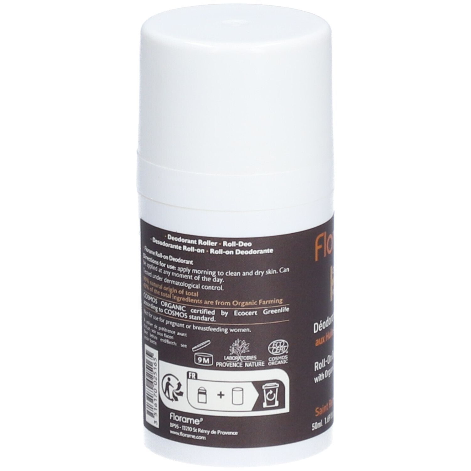 Rückseite des Roll-on-Deos. Weißer Behälter mit braunem Etikett. Text: Florame, Anwendungshinweise, Bio-Zertifizierung.