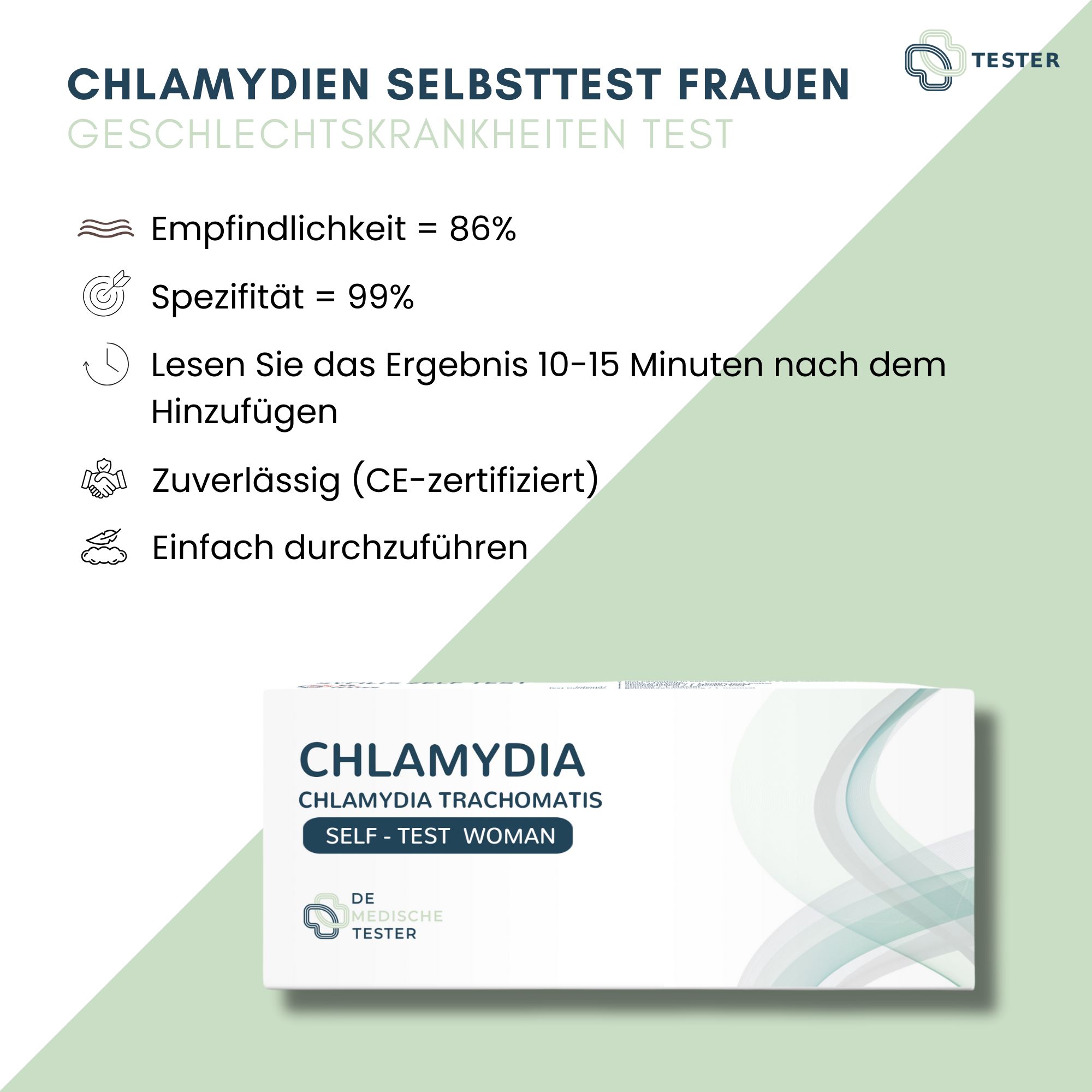 Infografik zum Chlamydien Selbsttest. Enthält Informationen zu Empfindlichkeit, Spezifität und Testergebnis. Produktverpackung unten.