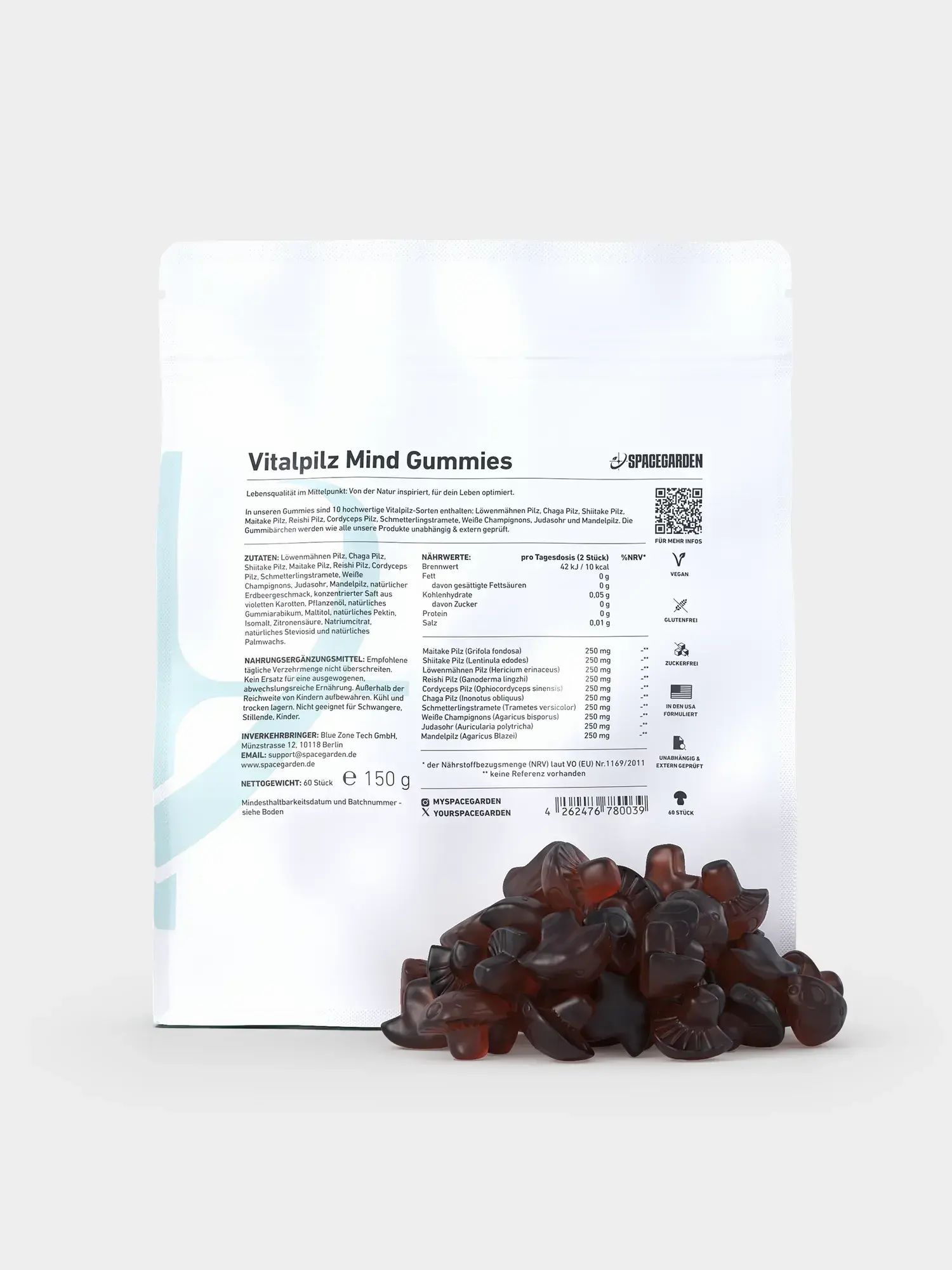 Beutel mit Vitalpilz Mind Gummies. Aufschrift: Spacegarden. Inhalt: 150g. Nährwertangaben und Inhaltsstoffe aufgedruckt. Geleefrüchte liegen davor.