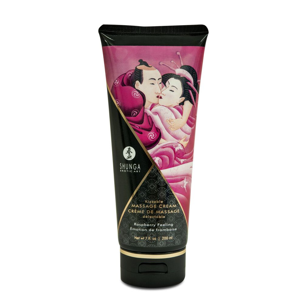 Tube Massagecreme mit Paar-Illustration. Text: Kissable Massage Cream, Himbeerduft. Schwarzer Deckel und Boden.
