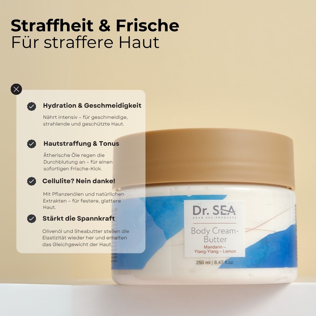 Produkt-Tiegel mit Text. Text: Hydratation & Geschmeidigkeit, Hautstraffung & Tonus, Cellulite? Nein danke!, Stärkt die Spannkraft.