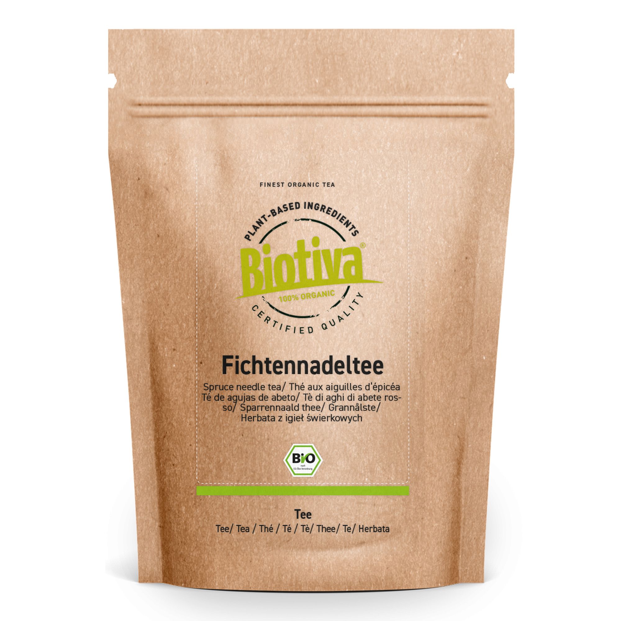 Produktverpackung. Text: Fichtennadeltee, Tee, Biotiva. Bio-Siegel. Aufschrift: Finest Organic Tea, Plant-based Ingredients.