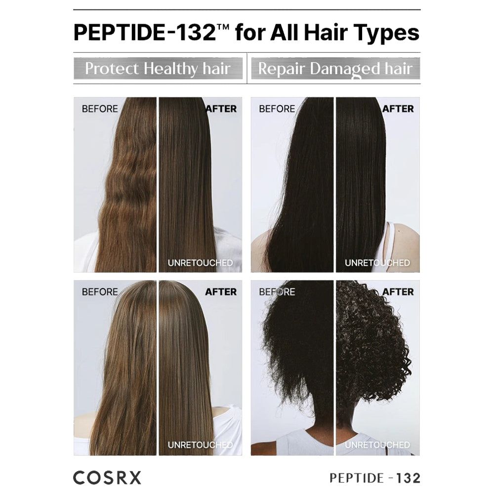 Vorher-Nachher-Bilder von verschiedenen Haartypen, die mit PEPTIDE-132 behandelt wurden.