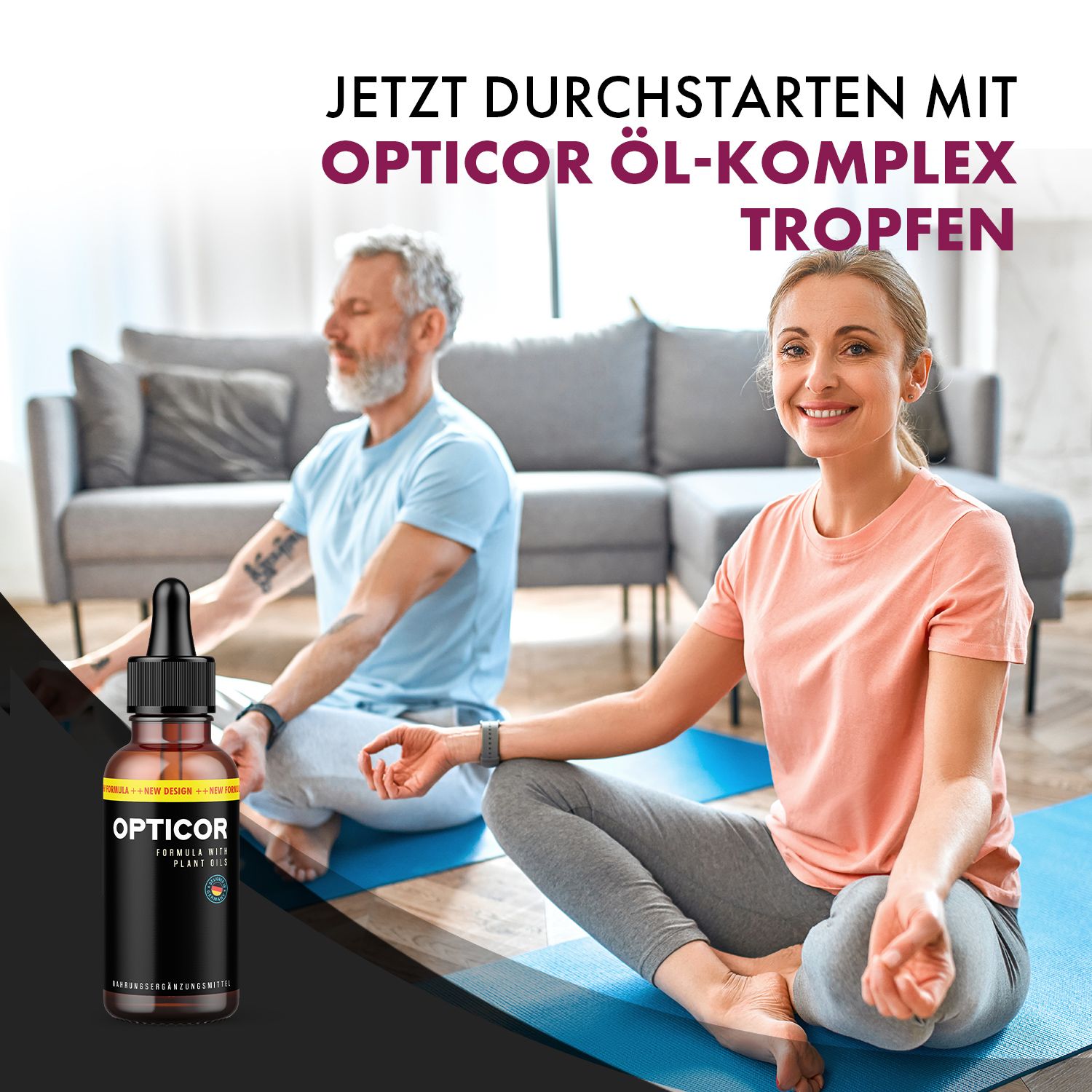 Frau und Mann sitzen auf Yogamatten. Flasche mit Tropfer neben ihnen. Produktname und Verpackung sichtbar.