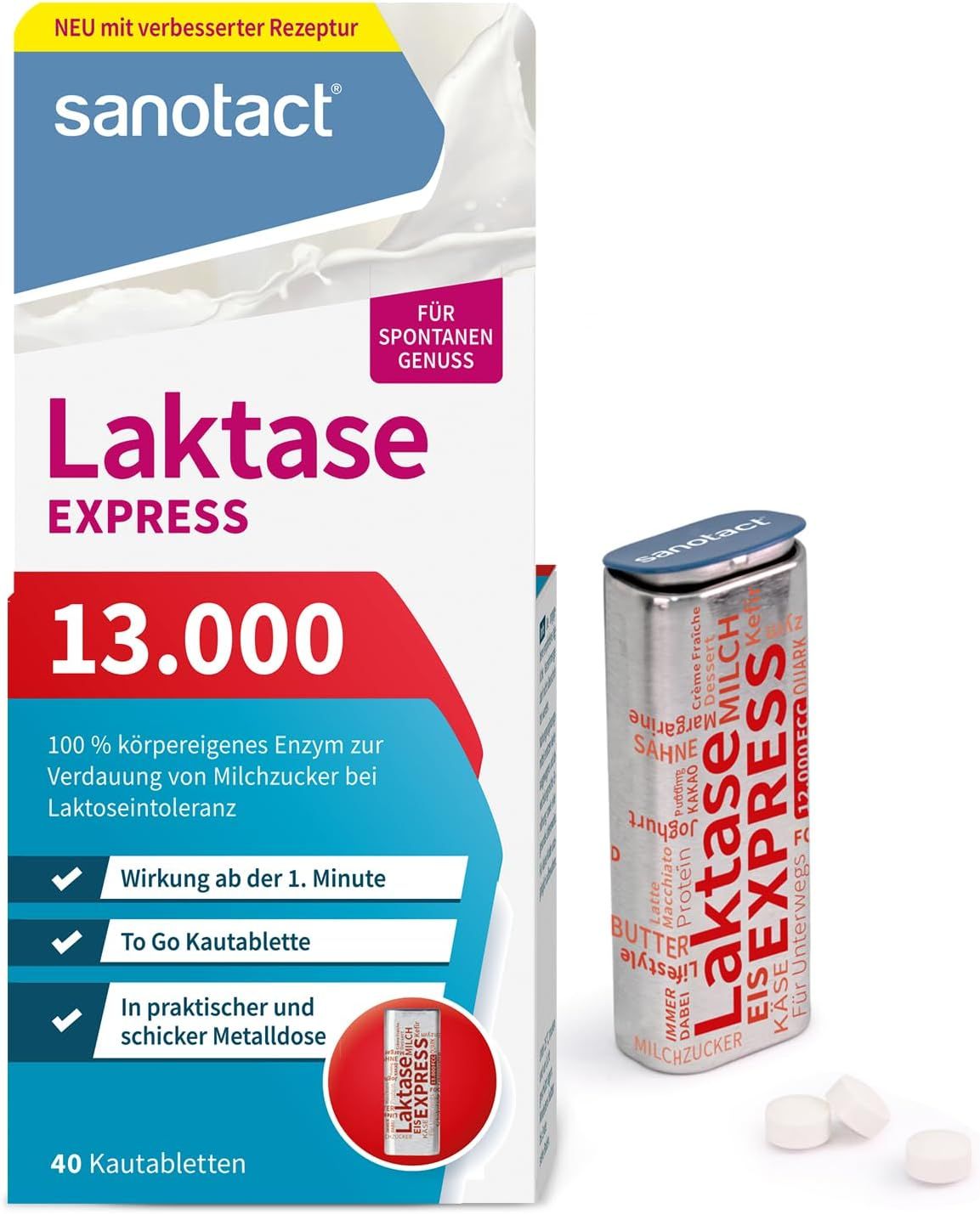 Packung und Metall-Dose sanotact Laktase 13.000 EXPRESS. Enthält Tabletten. Verpackung mit Produktinformationen.