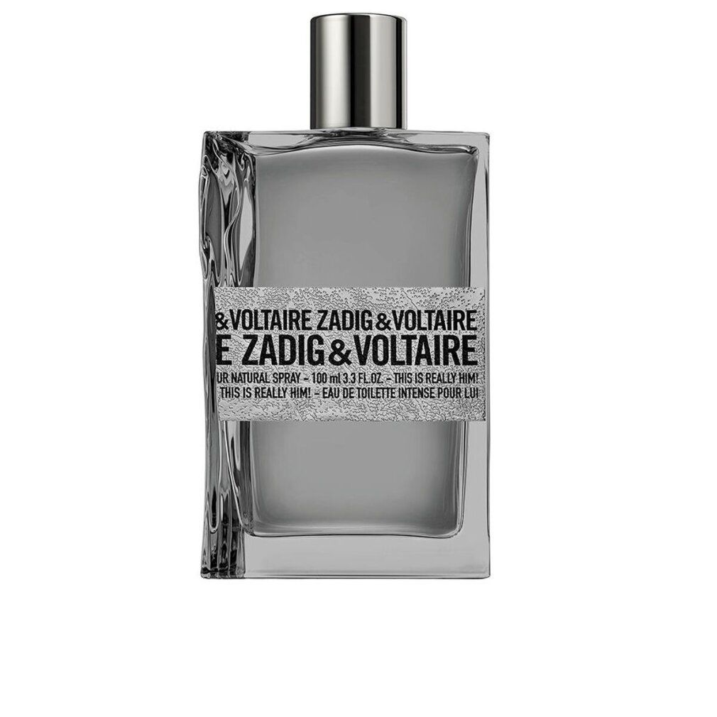 Grauer Flakon mit silbernem Verschluss. Aufschrift: Zadig & Voltaire, This Is Really Him! EdT Intense.