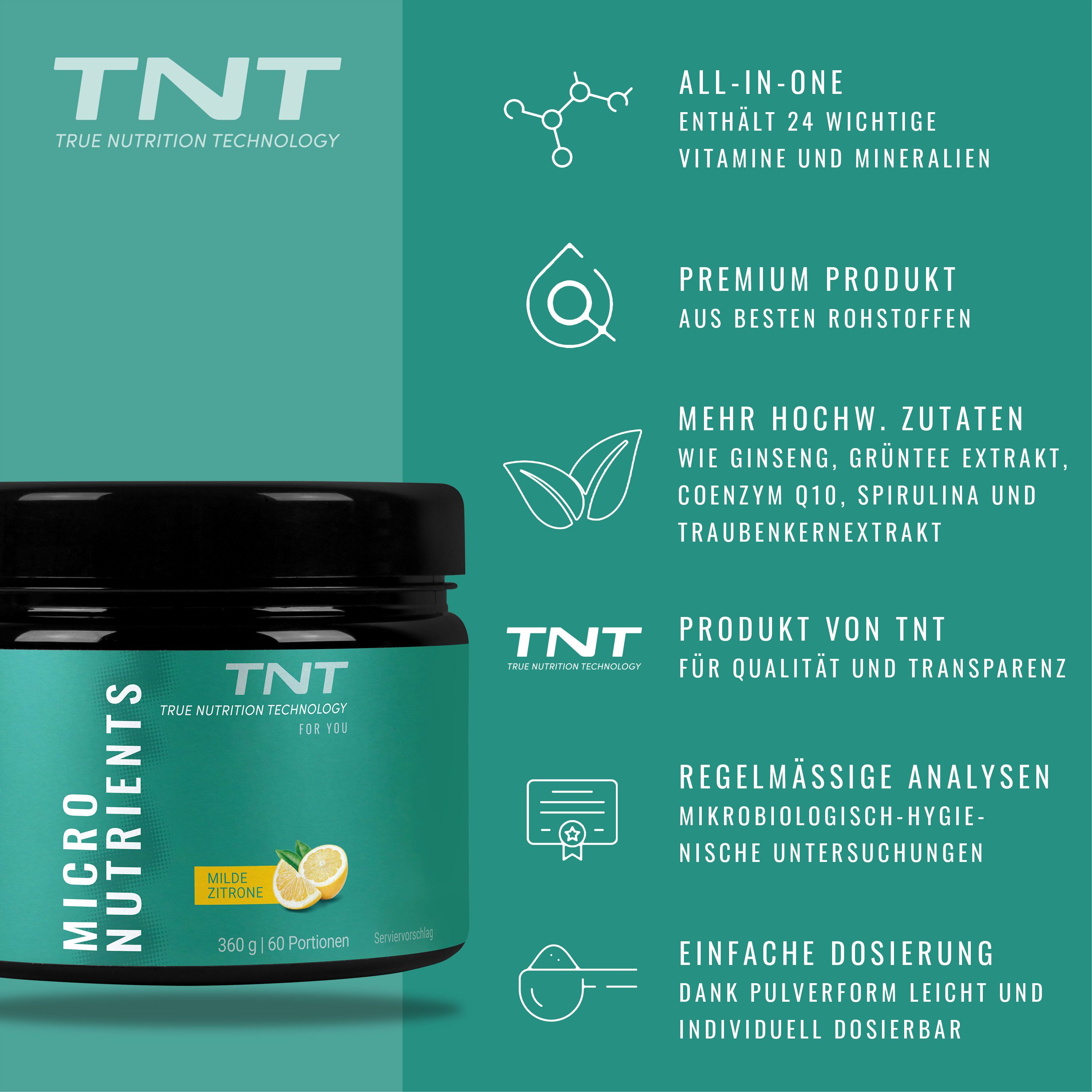 Dose TNT Micro Nutrients mit Text. Aufschrift: Micro Nutrients, milde Zitrone, 360g, 60 Portionen. Text über Inhaltsstoffe.