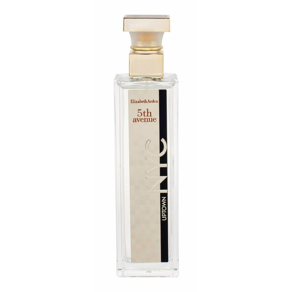Parfümflasche. Aufschrift: Elizabeth Arden 5th avenue NYC Uptown. Rechteckige Flasche mit goldfarbenem Verschluss.