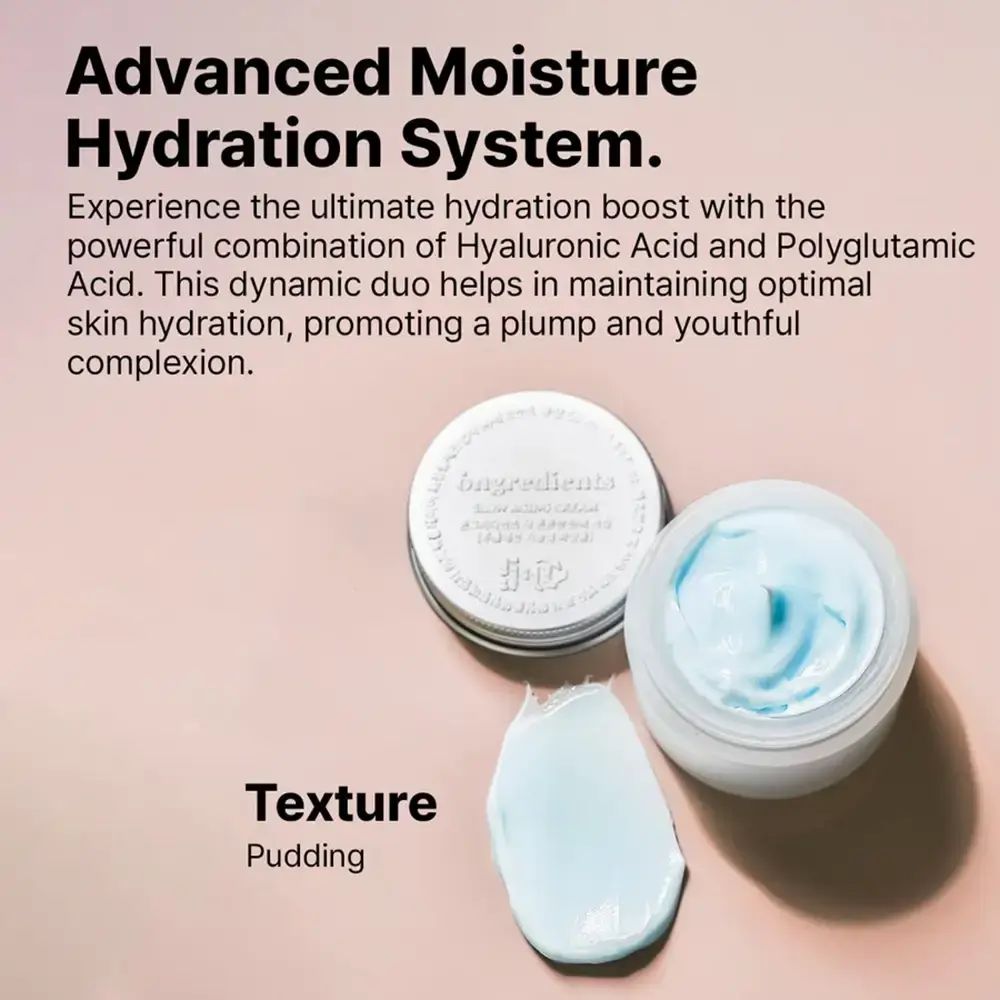 Zwei offene Creme-Gläser und Creme-Klecks. Text: Advanced Moisture Hydration System, Ongredients, Slow Aging Cream.