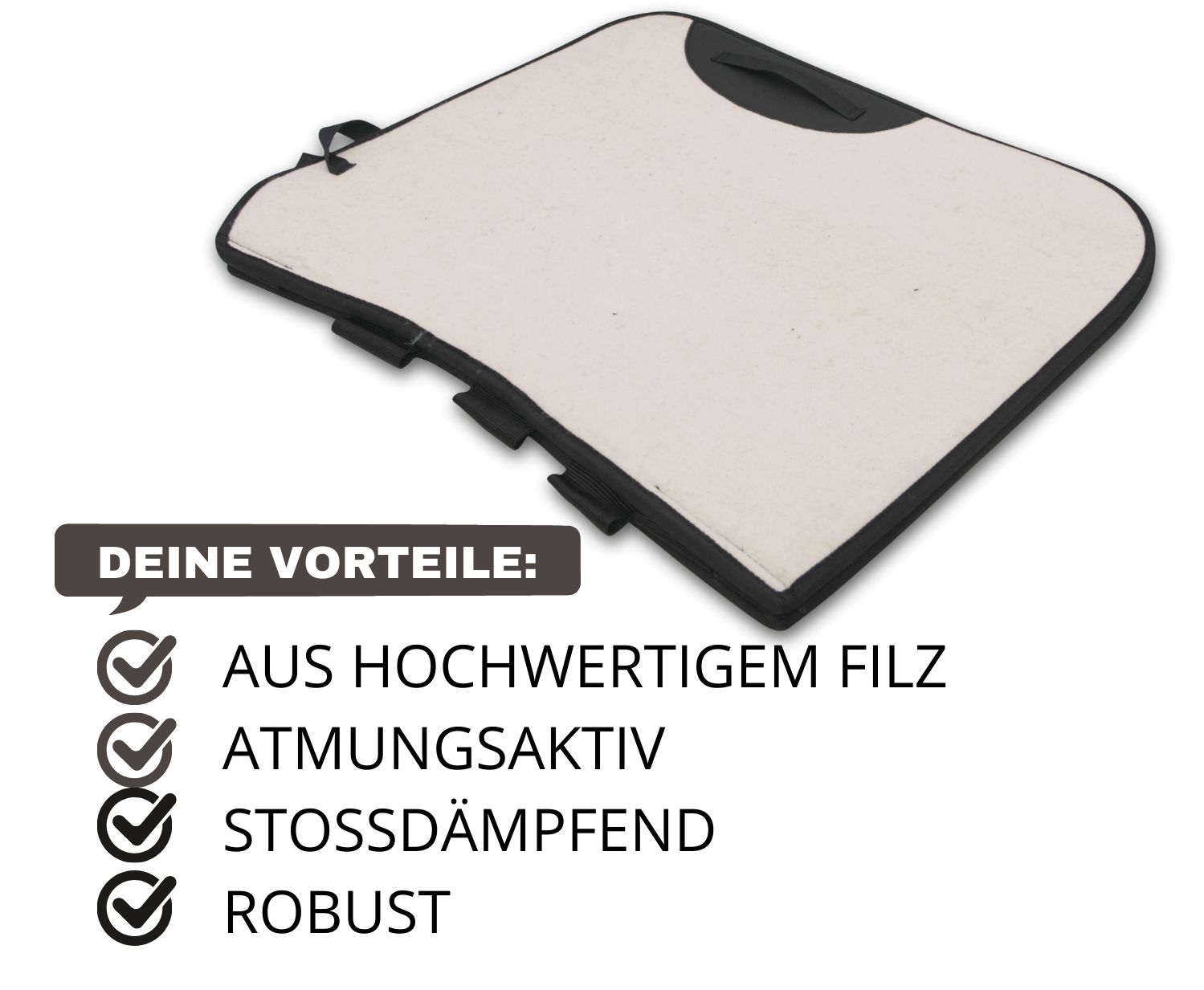 Reitpad mit Text: 'DEINE VORTEILE:' und Aufzählungen: 'AUS HOCHWERTIGEM FILZ', 'ATMUNGSAKTIV', 'STOSSDÄMPFEND', 'ROBUST'.