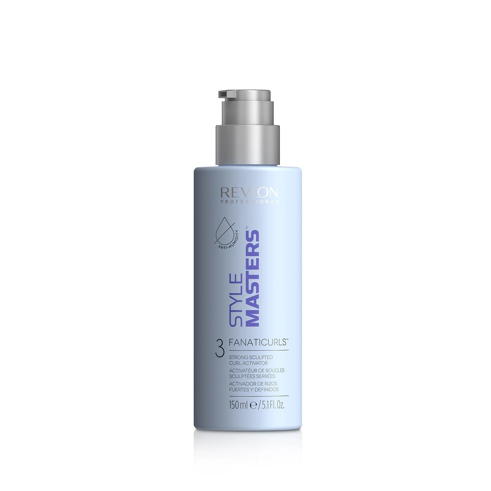 Hellblaues Produkt mit Pumpe. Aufschrift: Revlon Style Masters Fanaticurls. 150ml.