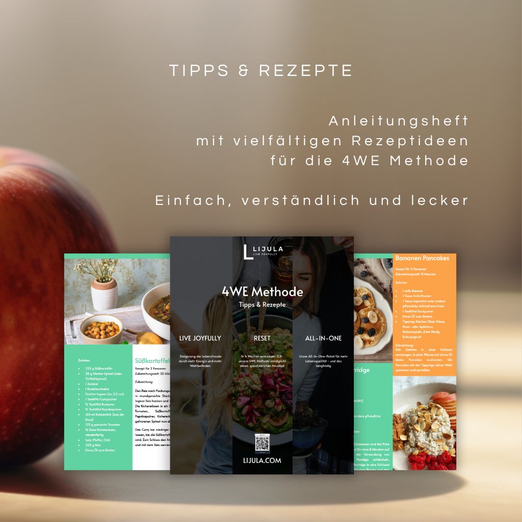 Drei Broschüren mit Rezepten und Tipps für die 4WE Methode. Auf den Broschüren ist das Logo von LIJULA zu sehen.