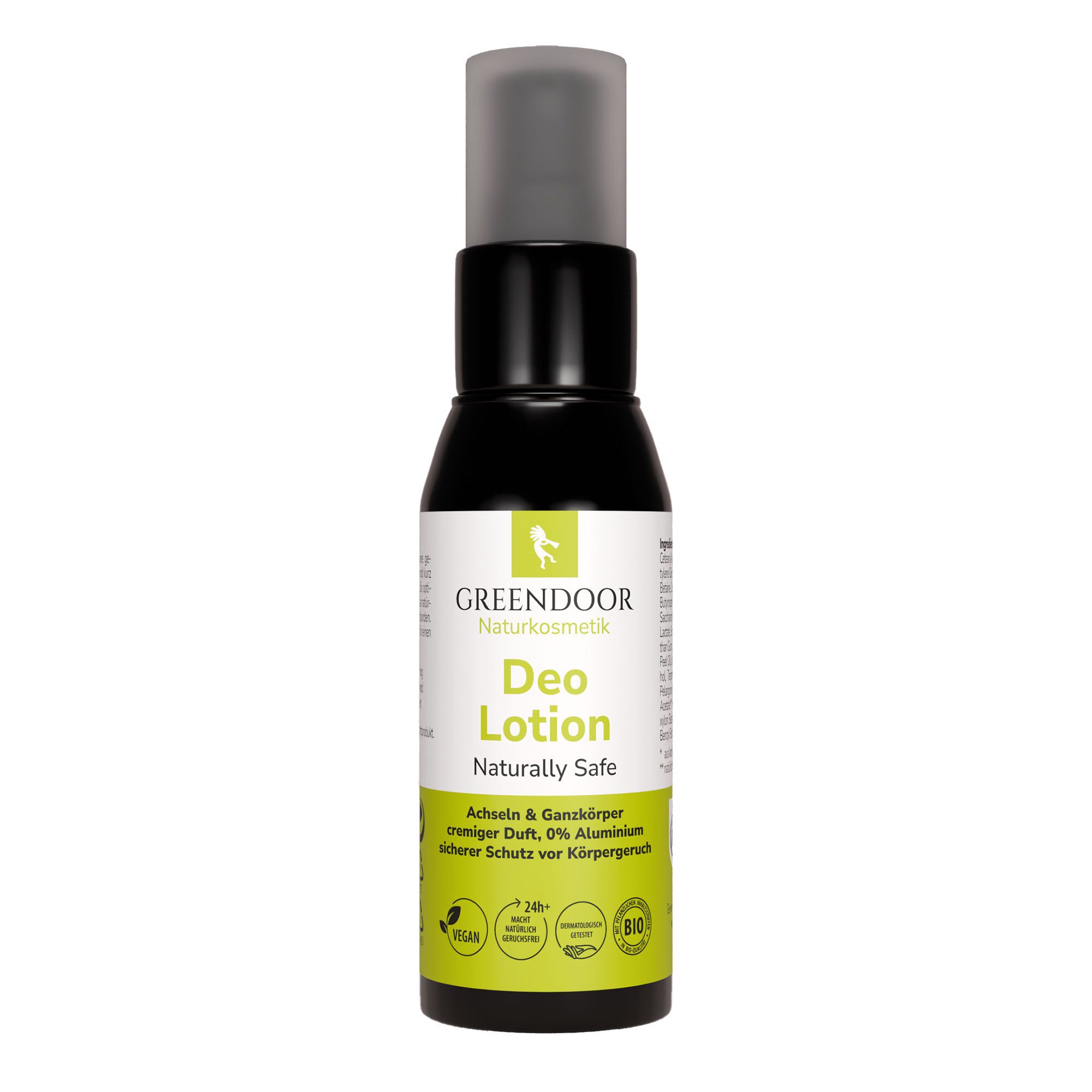 Schwarze Flasche mit Sprühkopf. Aufschrift: GREENDOOR Naturkosmetik, Deo Lotion Naturally Safe. Grün-weiße Etikett. Vegan-Siegel.
