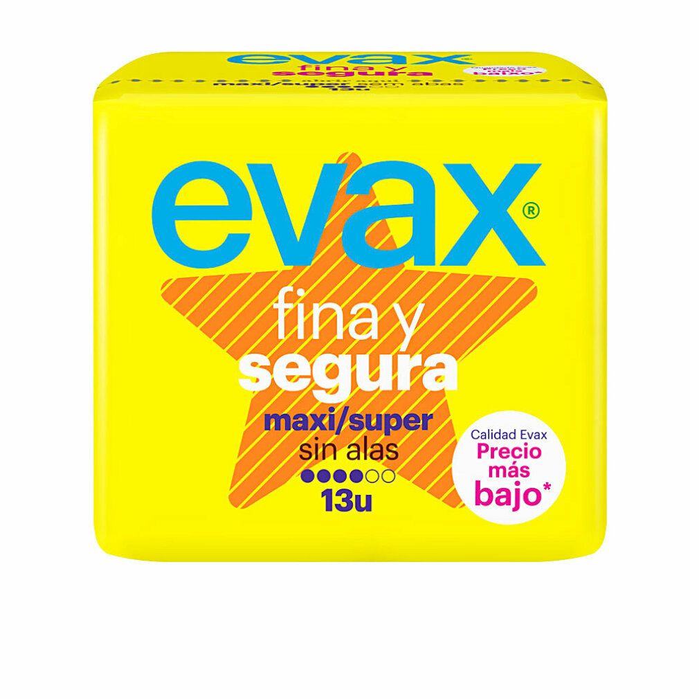 Gelbe Verpackung mit blauem "evax"-Logo, "fina y segura" und Stern. Text: "maxi/super sin alas 13u".